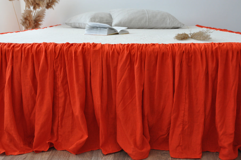 Bright orange linen ruffle bed skirt