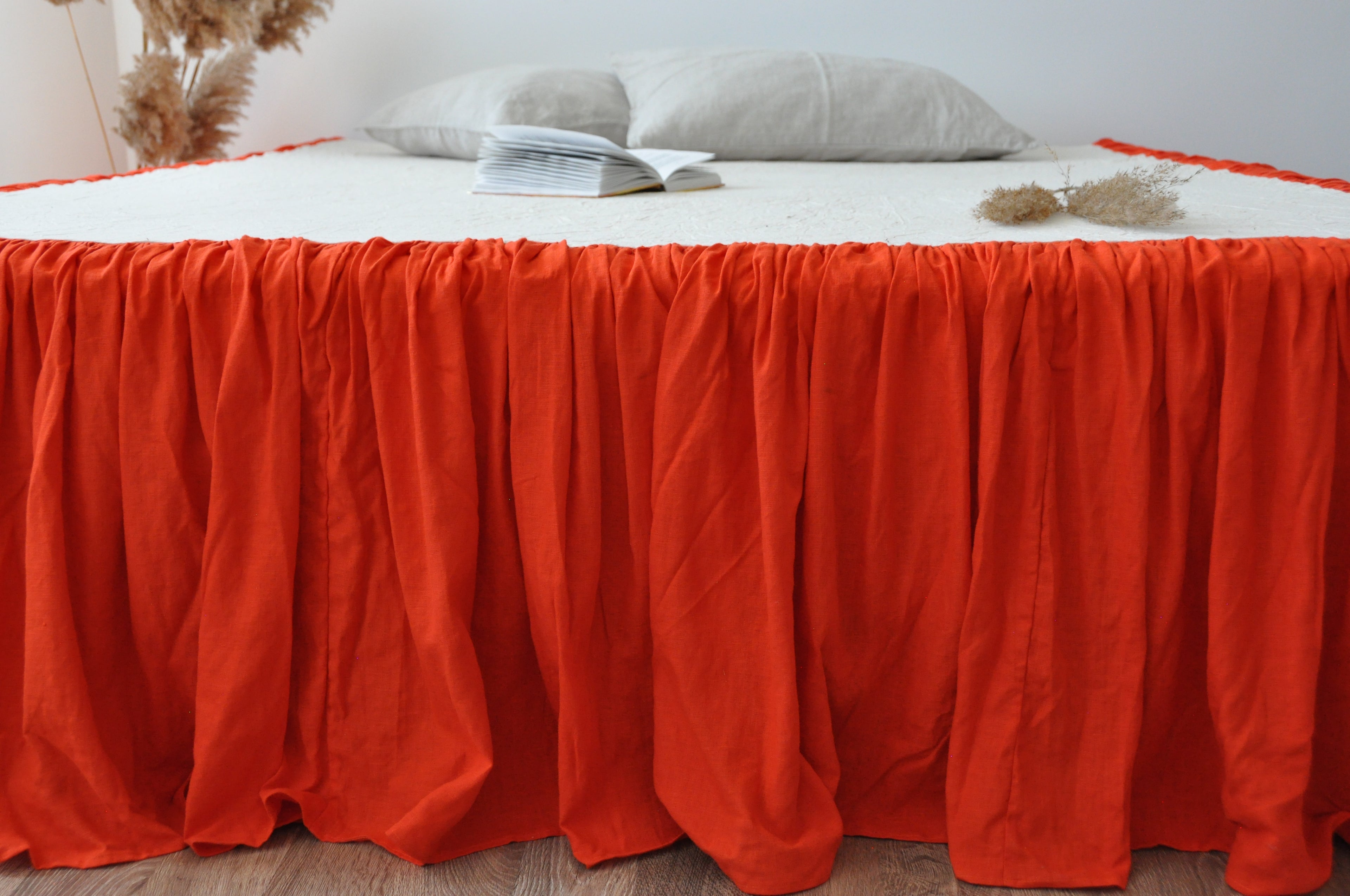 Bright orange linen ruffle bed skirt