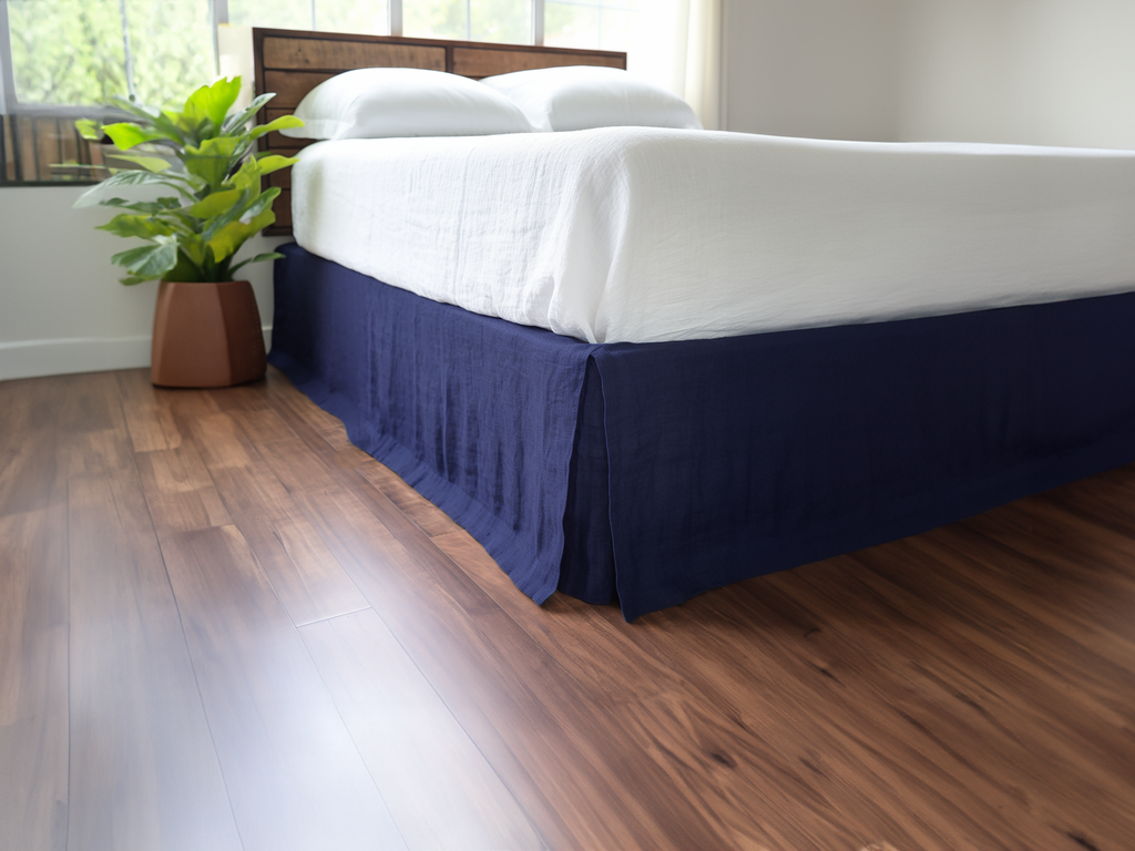 Indigo linen tailored bed skirt