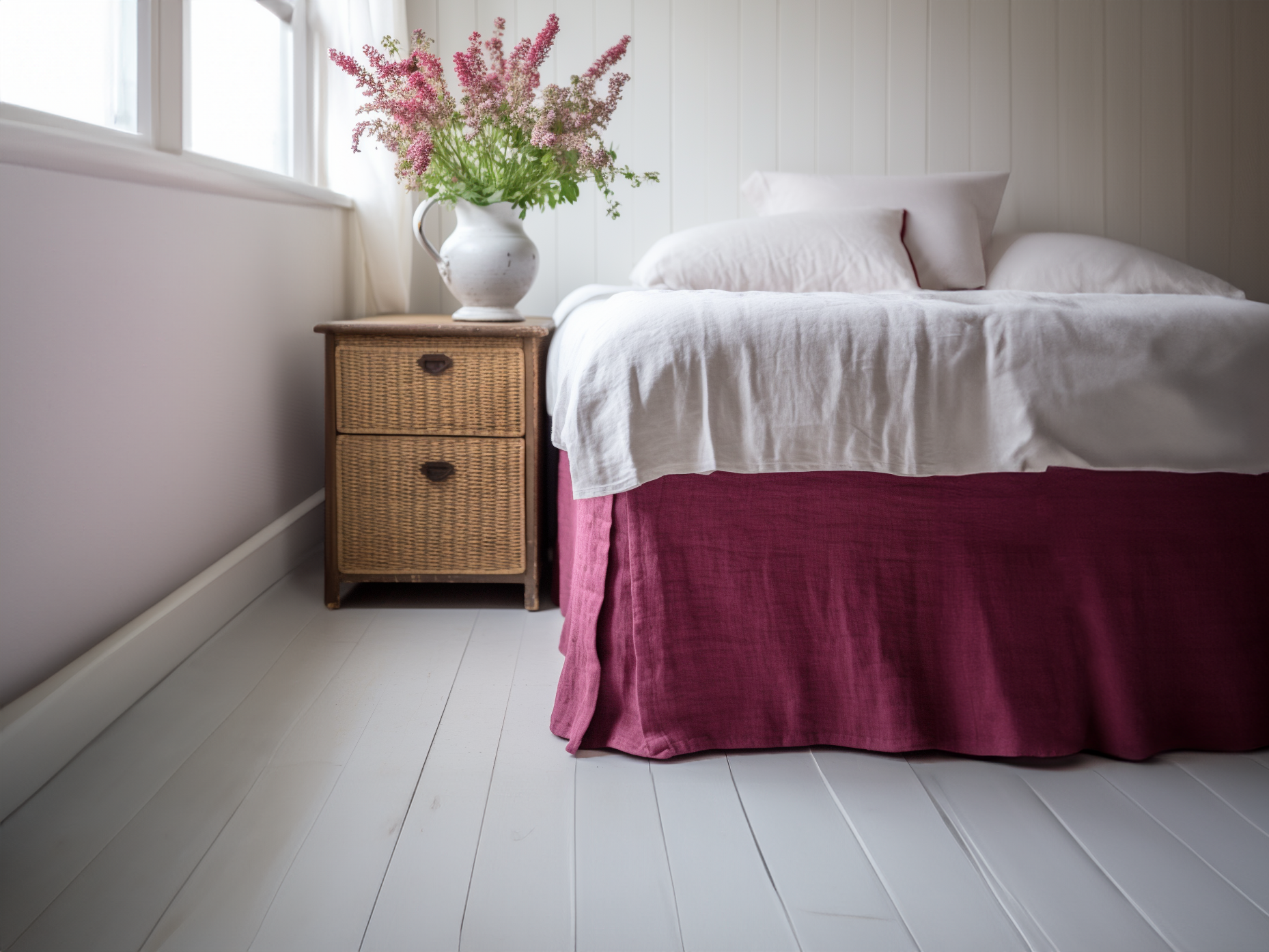 Jupe de lit sur mesure en lin framboise