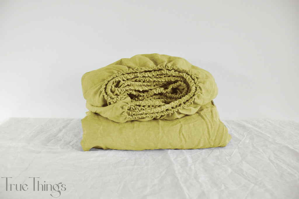 REАDY TO SHIP 1 Chartreuse yellow linen fitted sheet 1 Fitted sheet Softened linen sheet Stonewashed linen Linen bed sheet