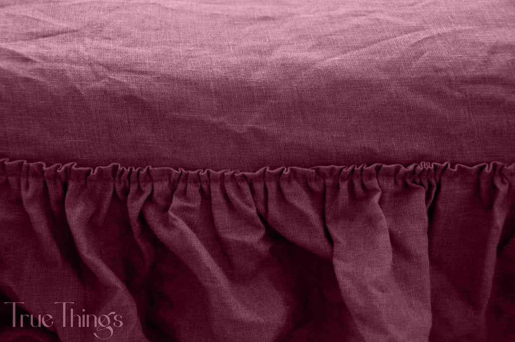 READY TO SHIP Burgundy linen triple ruffled bedding set Duvet cover and 2 pillowcases with ruffles Softened linen Comforter cover set Quilt