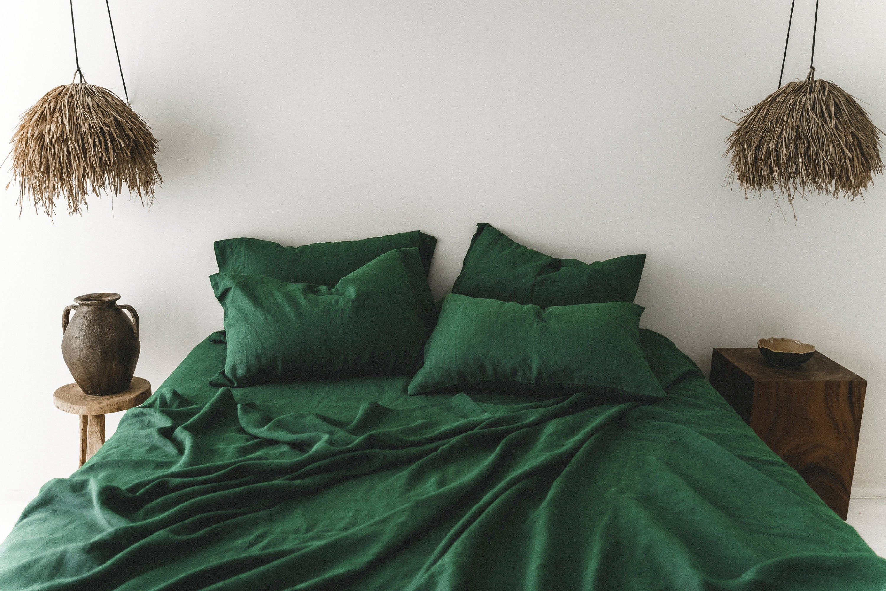 READY TO SHIP Forest green softened linen sheet set King flat sheet and King fitted sheet and 2 King pillowcases Emerald green bedding set
