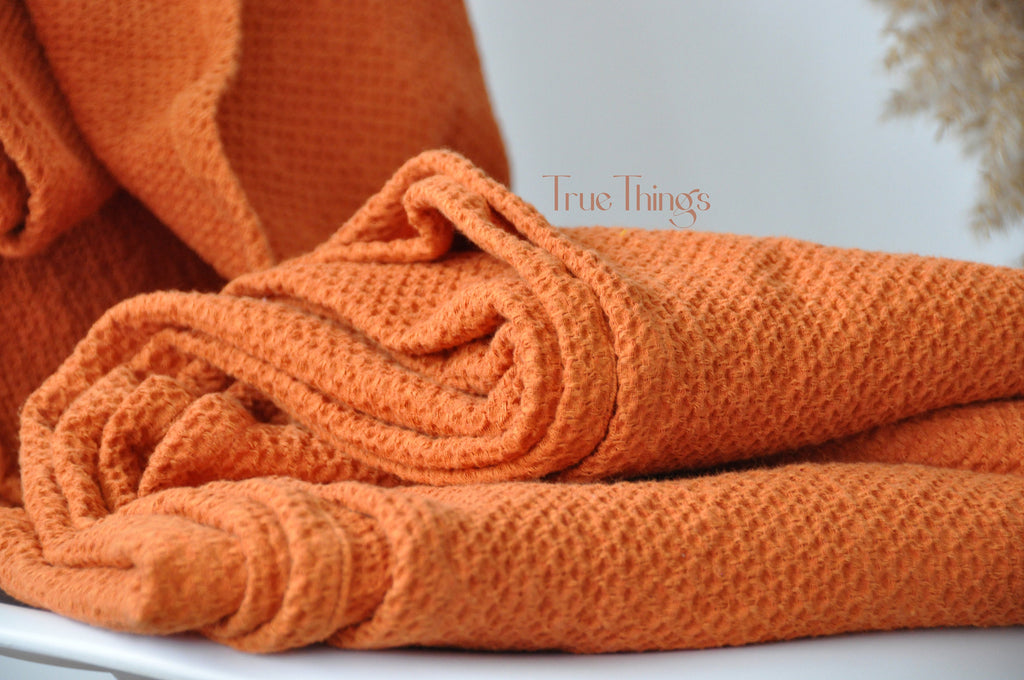 READY TO SHIP Rust waffle linen coverlet Softened linen Heavy weight TwinXL size orange bed cover