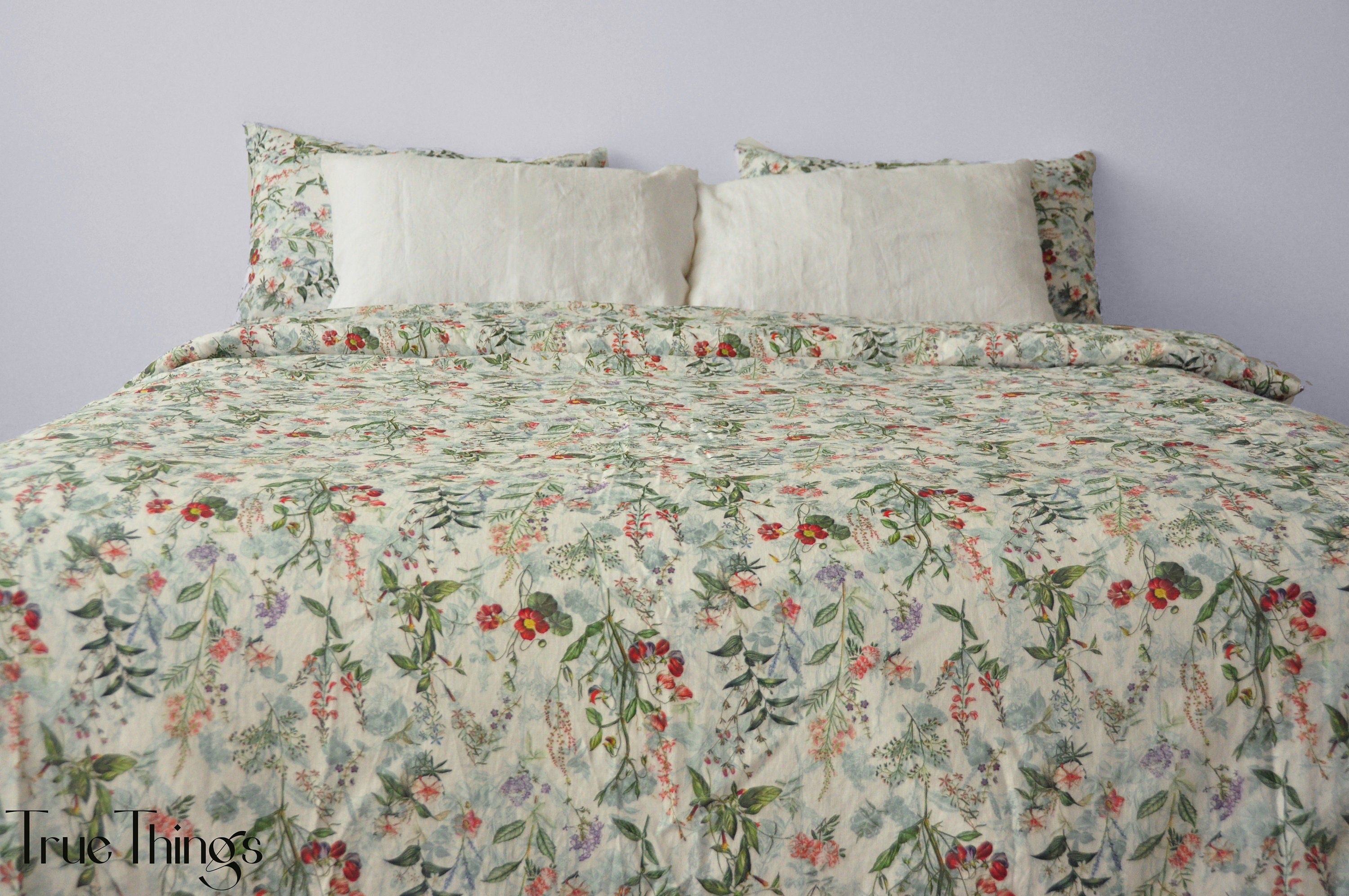 READY TO SHIP / Floral linen bedding set / Queen duvet cover + 2 Queen pillowcases with floral print / Comforter cover set / Softened linen