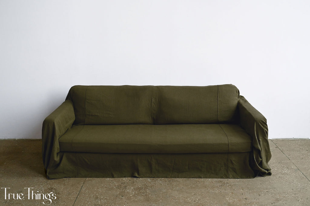 READY TO SHIP from Florida 1 Dark olive linen sofa slipcover Couch throw Softened linen drop cloth couch cover Eco friendly bedspread Custom