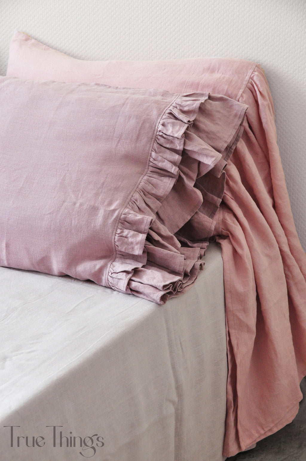 READY TO SHIP Woodrose linen pillowcase with double ruffles on one side Square size Ribbon ties closure