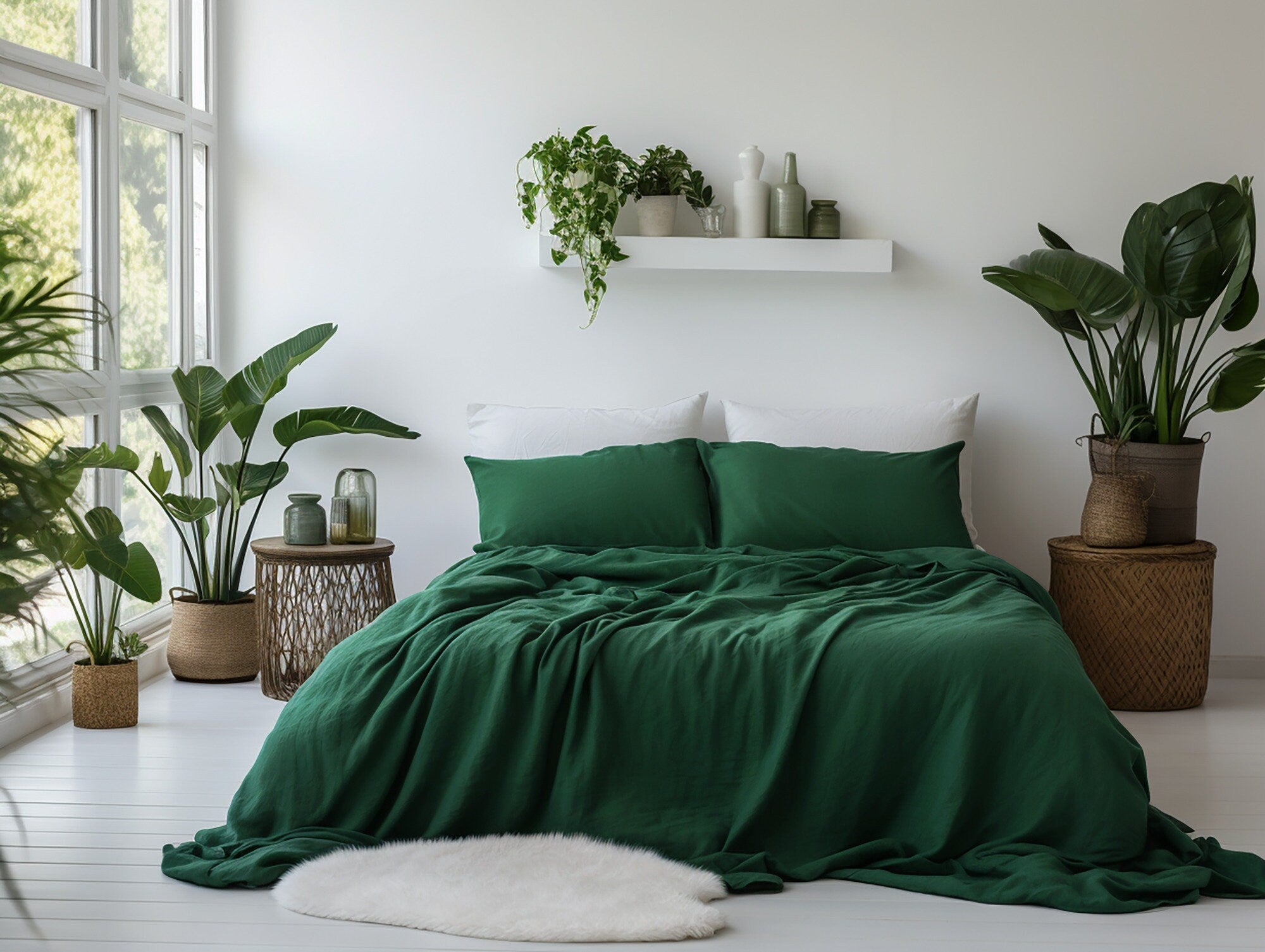 READY TO SHIP Forest green softened linen coverlet Medium weight Green bed cover Twin blanket Emerald green bed throw