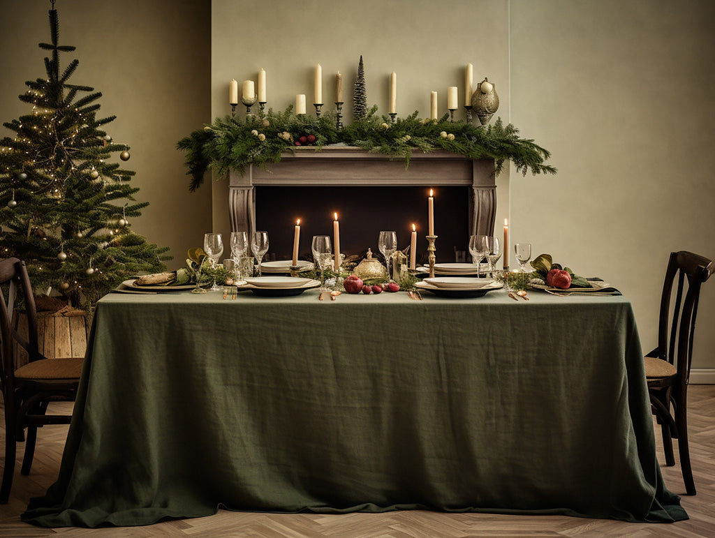 READY TO SHIP Dark olive round linen tablecloth Christmas theme rectangle square tablecloth Olive rustic linen table cloth