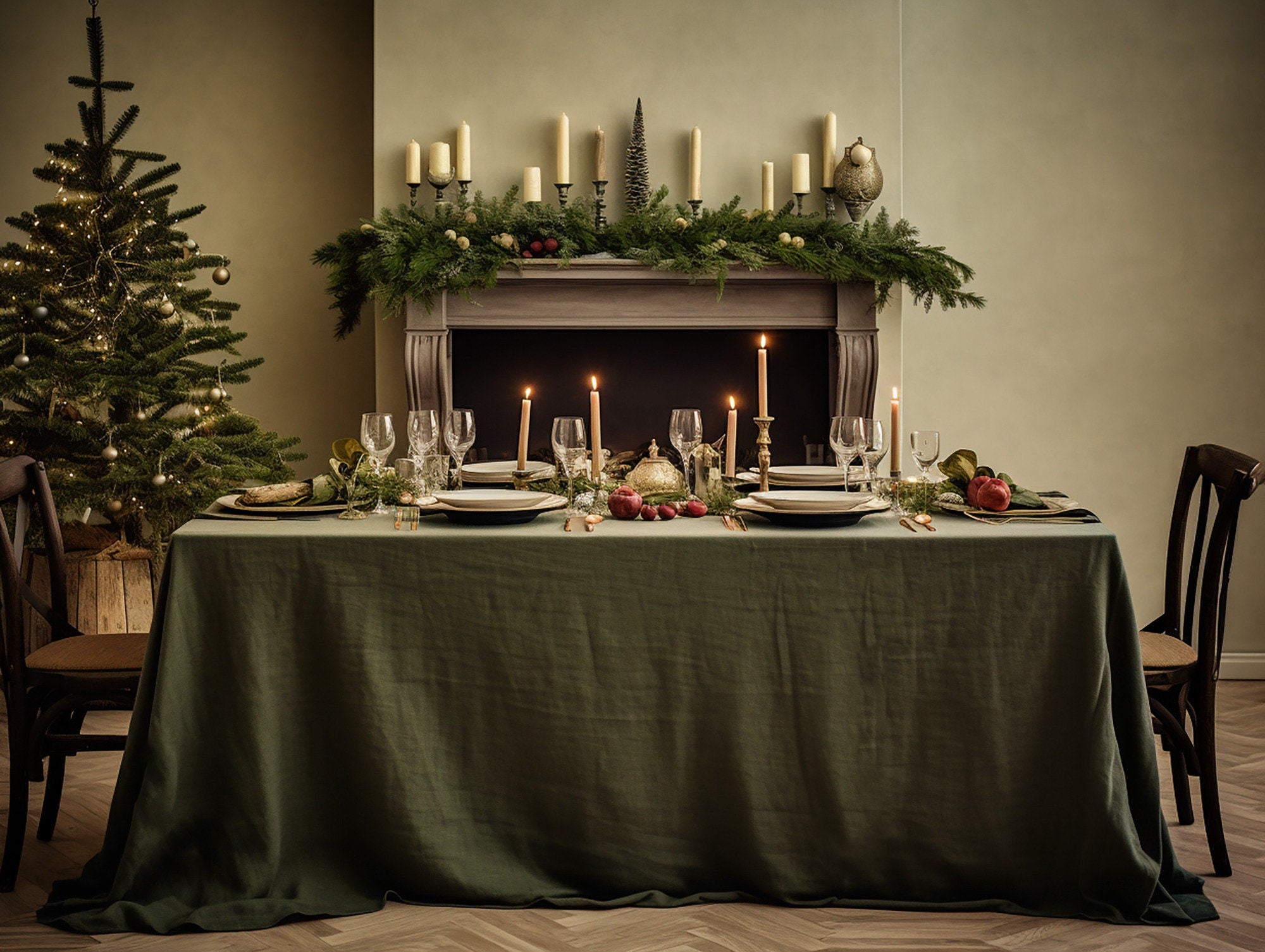 READY TO SHIP Dark olive round linen tablecloth Christmas theme rectangle square tablecloth Olive rustic linen table cloth