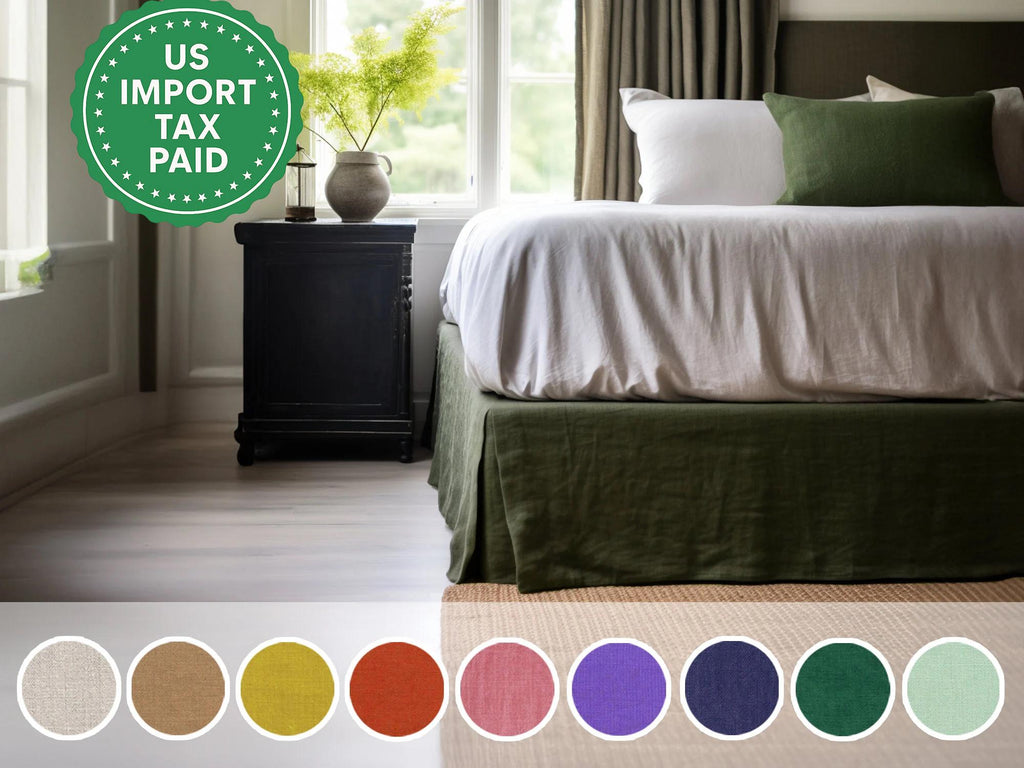 READY TO SHIP Dark olive linen tailored bed skirt Tailored bed skirt Stonewashed linen Wedding gift Queen King Double