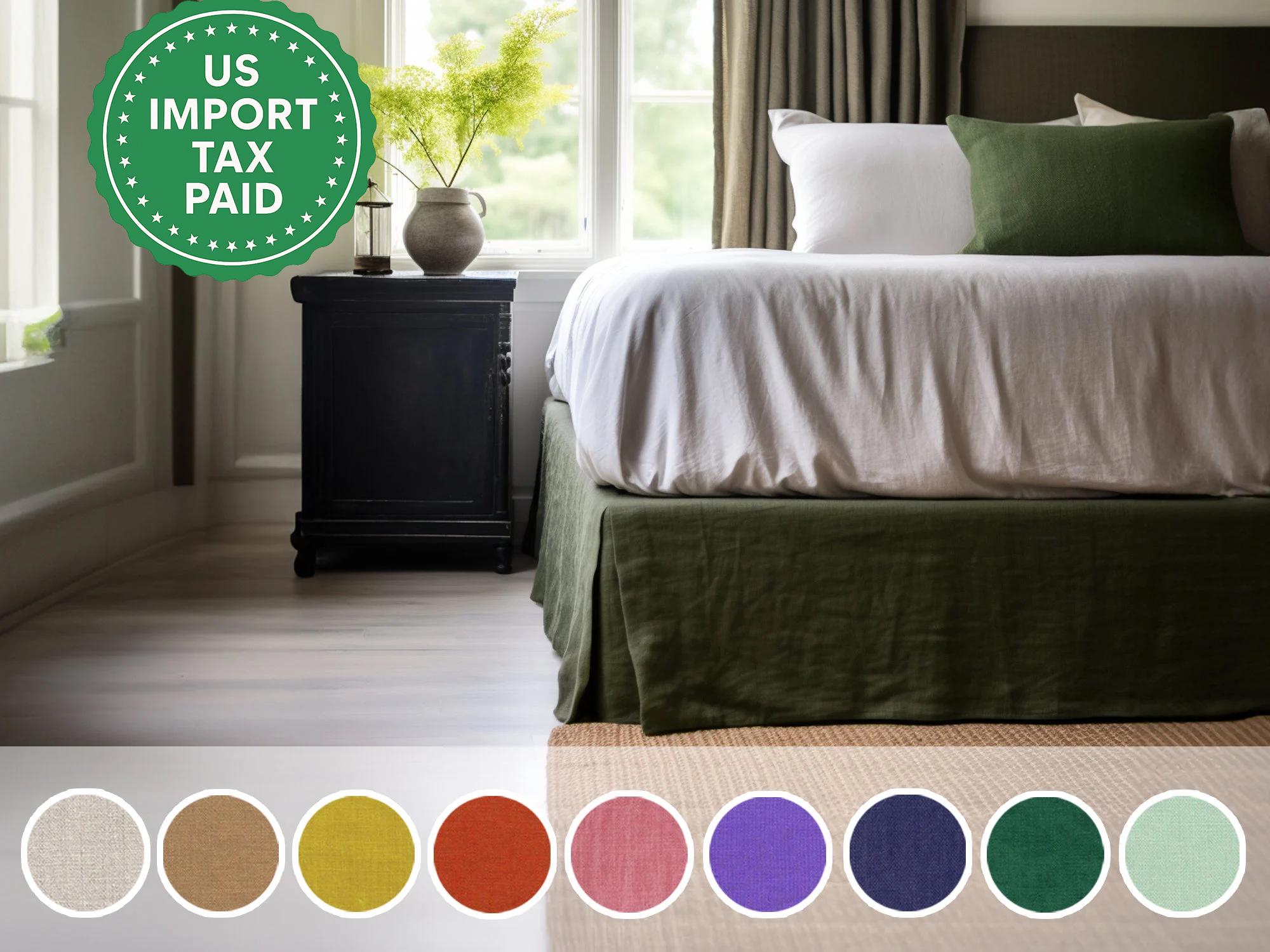 READY TO SHIP Dark olive linen tailored bed skirt Tailored bed skirt Stonewashed linen Wedding gift Queen King Double