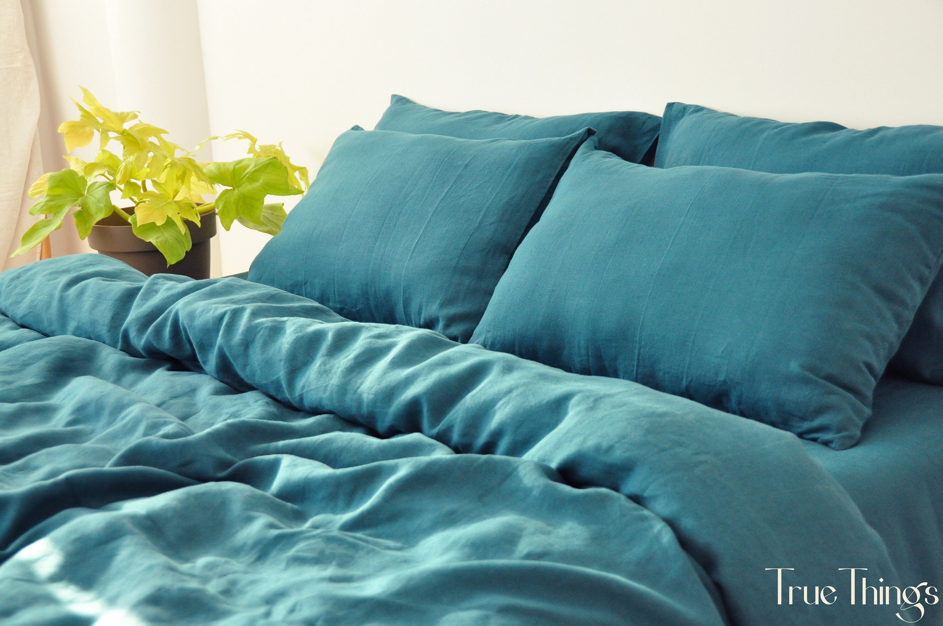READY TO SHIP Teal linen duvet cover 1 duvet cover Softened linen Comforter cover Coconut buttons Ribbon ties   Hidden closure Stonewashed