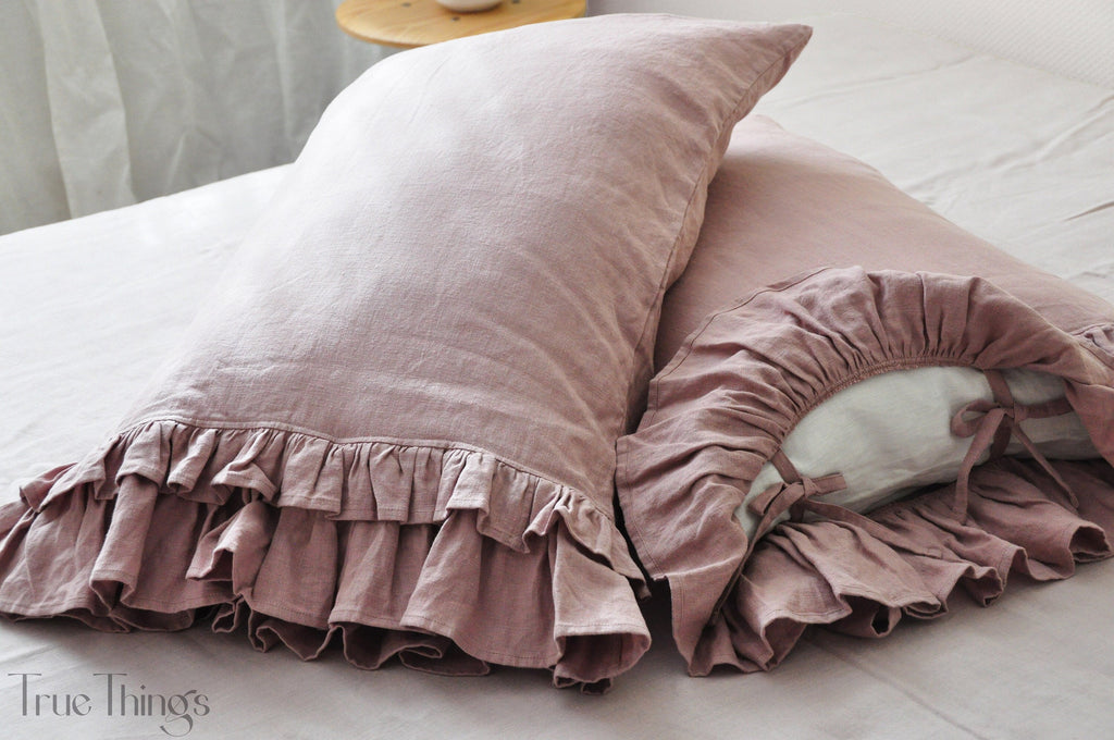 READY TO SHIP Woodrose linen pillowcase with double ruffles on one side Square size Ribbon ties closure
