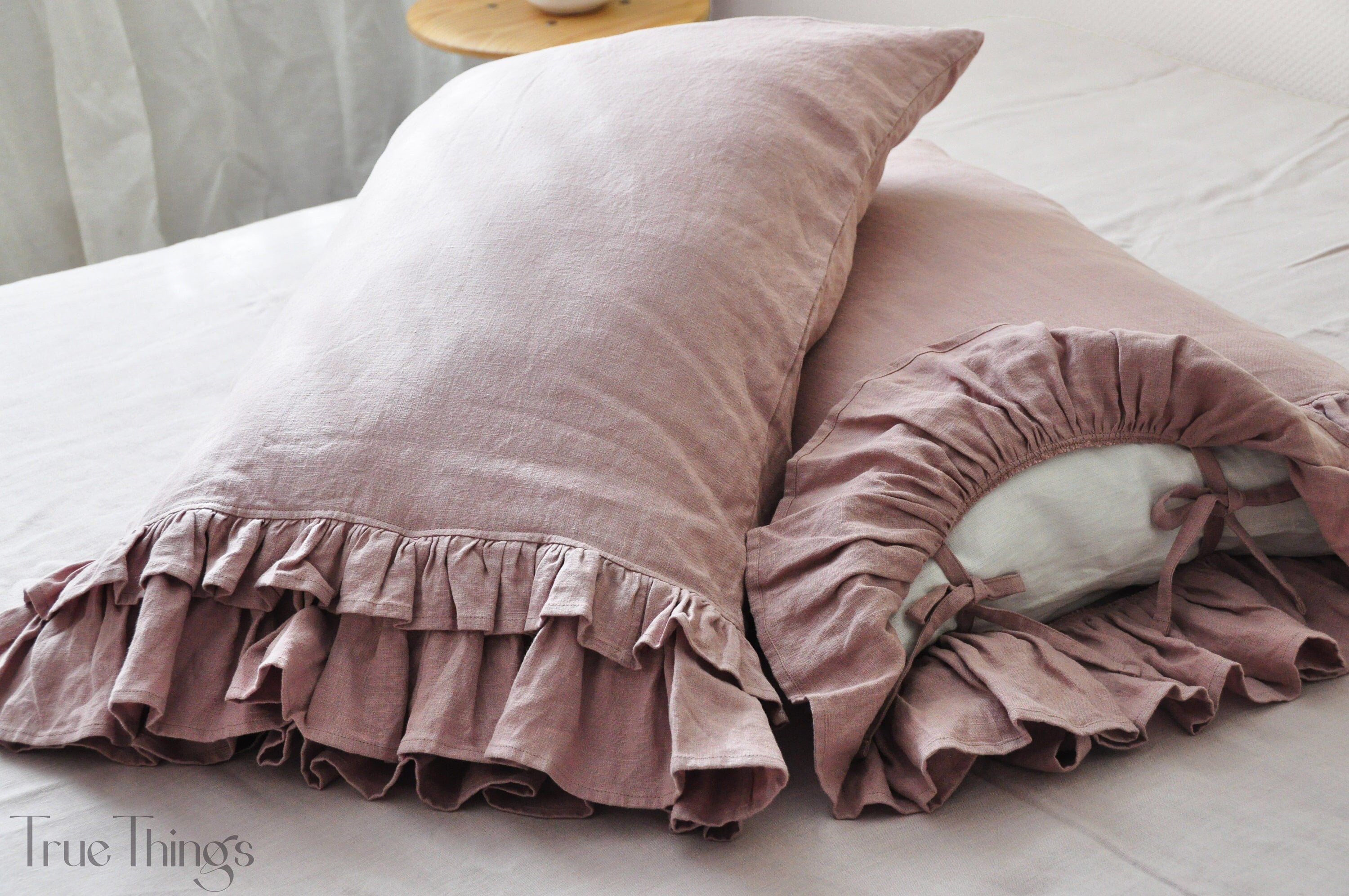 READY TO SHIP Woodrose linen pillowcase with double ruffles on one side Square size Ribbon ties closure