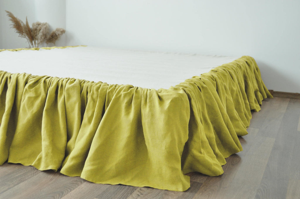 READY TO SHIP from Florida 1 Chartreuse yellow bed skirt Softened linen bed skirt Dust ruffle Stonewashed linen Wedding gift King