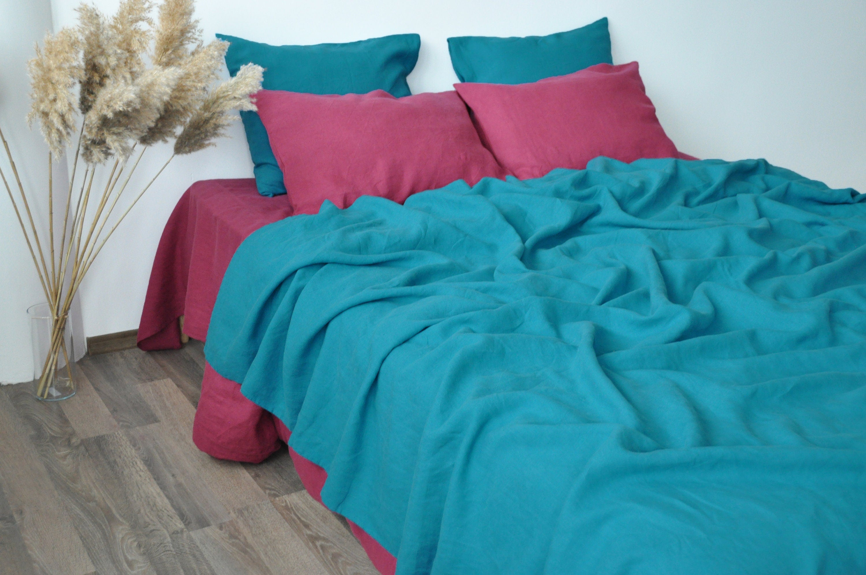 READY TO SHIP Sea wave linen coverlet Blue double layered linen coverlet Stonewashed Medium weight blanket Summer blanket
