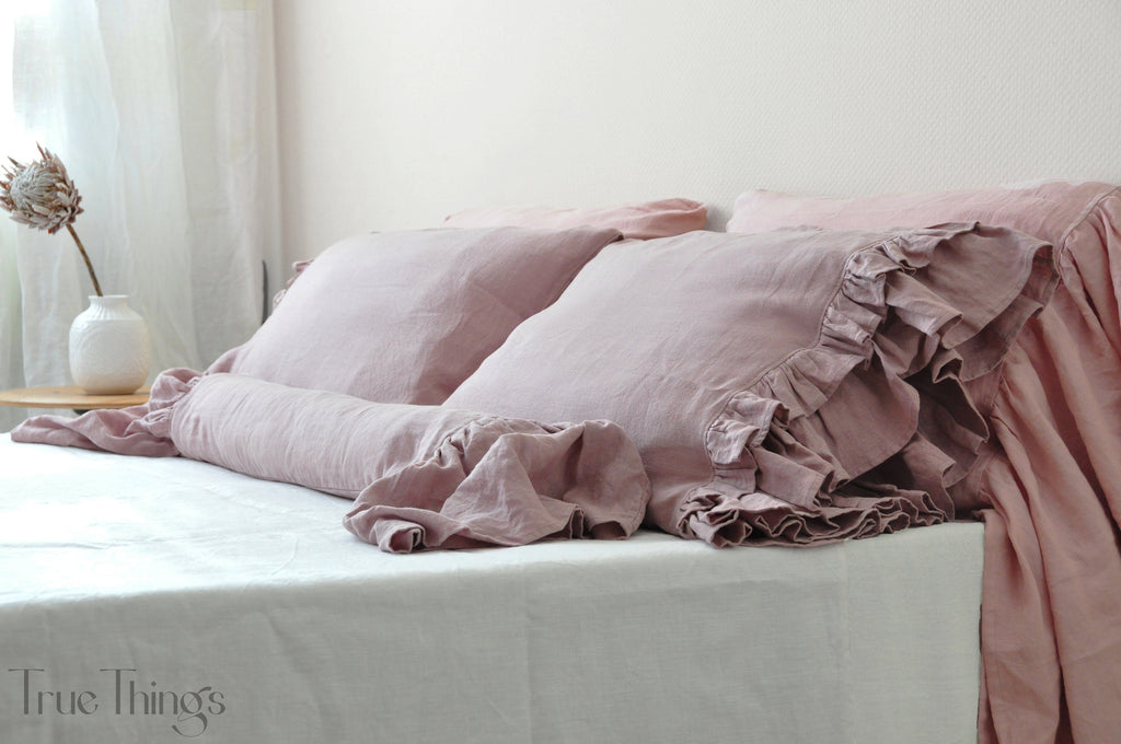 READY TO SHIP Woodrose linen pillowcase with double ruffles on one side Square size Ribbon ties closure