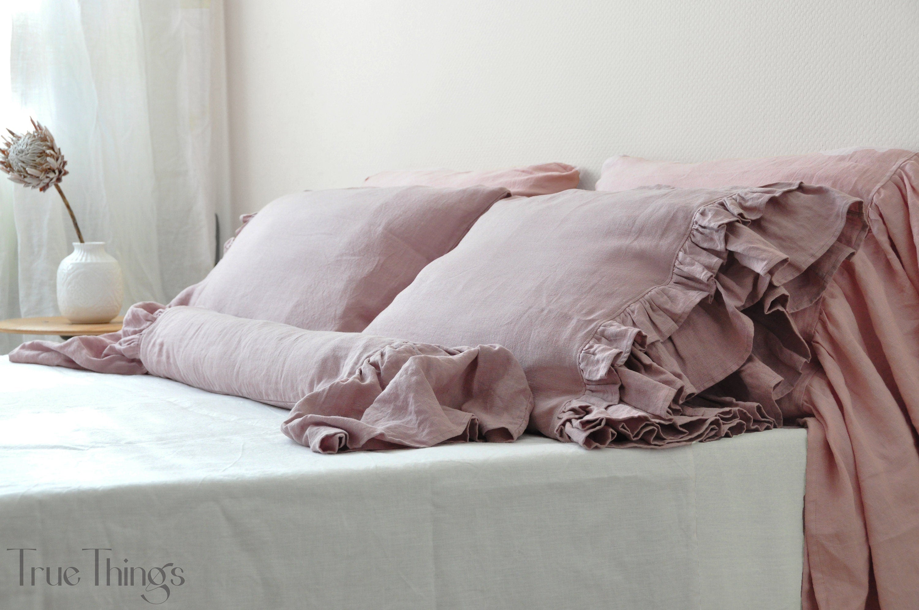 READY TO SHIP Woodrose linen pillowcase with double ruffles on one side Square size Ribbon ties closure