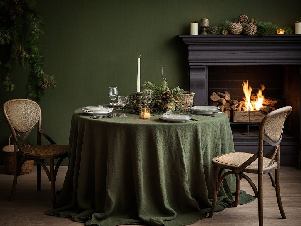 READY TO SHIP Dark olive round linen tablecloth Christmas theme rectangle square tablecloth Olive rustic linen table cloth