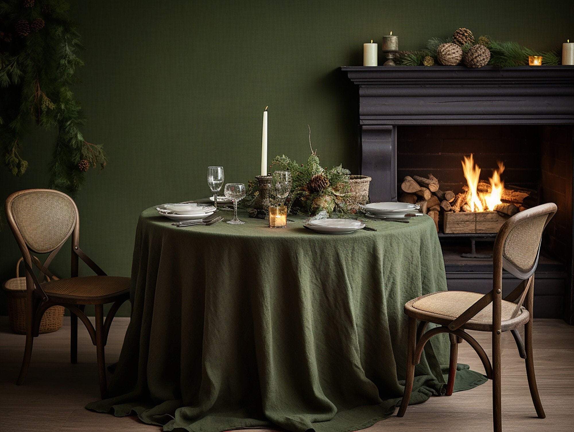 READY TO SHIP Dark olive round linen tablecloth Christmas theme rectangle square tablecloth Olive rustic linen table cloth