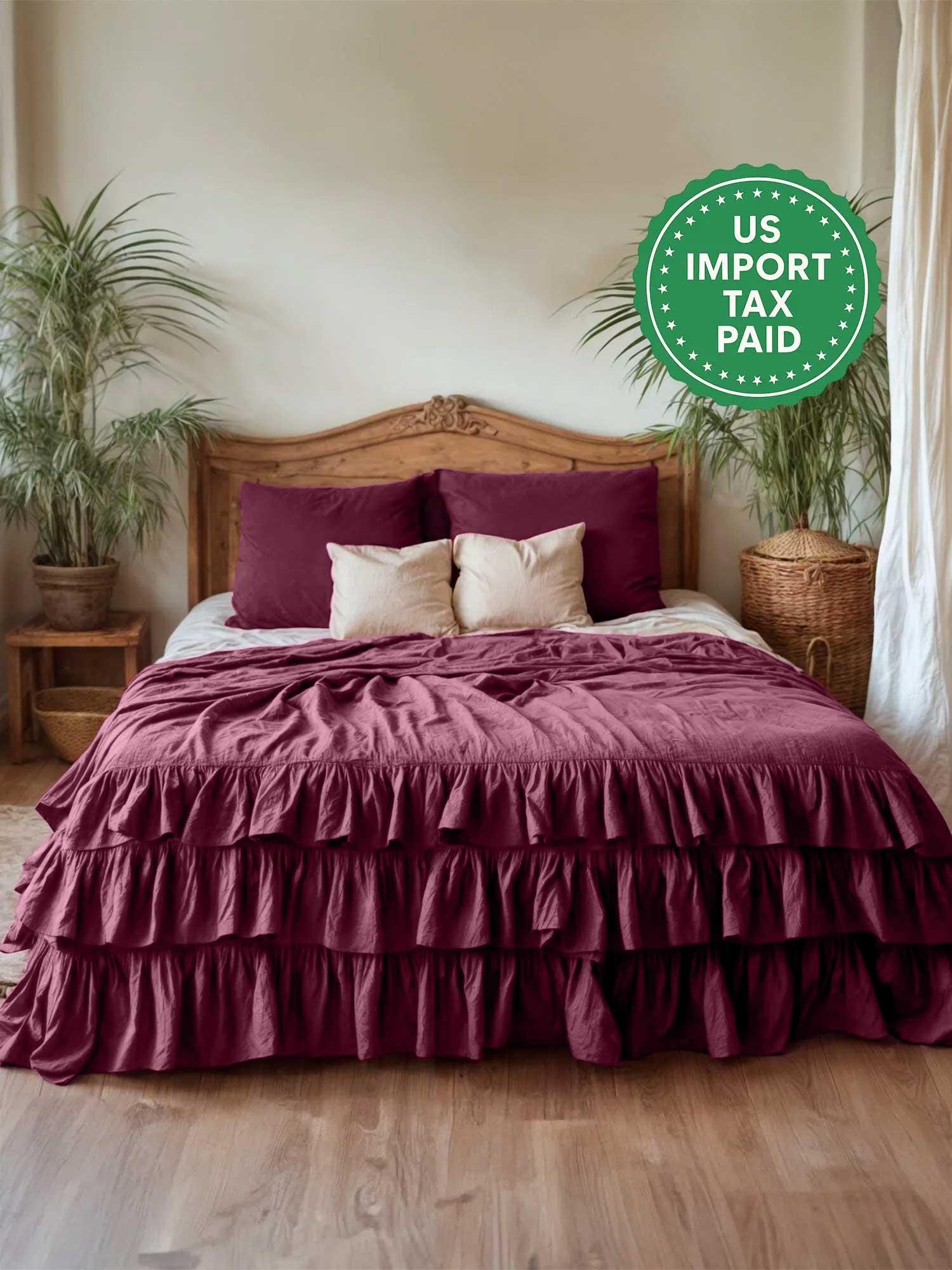 READY TO SHIP Burgundy linen triple ruffled bedding set Duvet cover and 2 pillowcases with ruffles Softened linen Comforter cover set Quilt