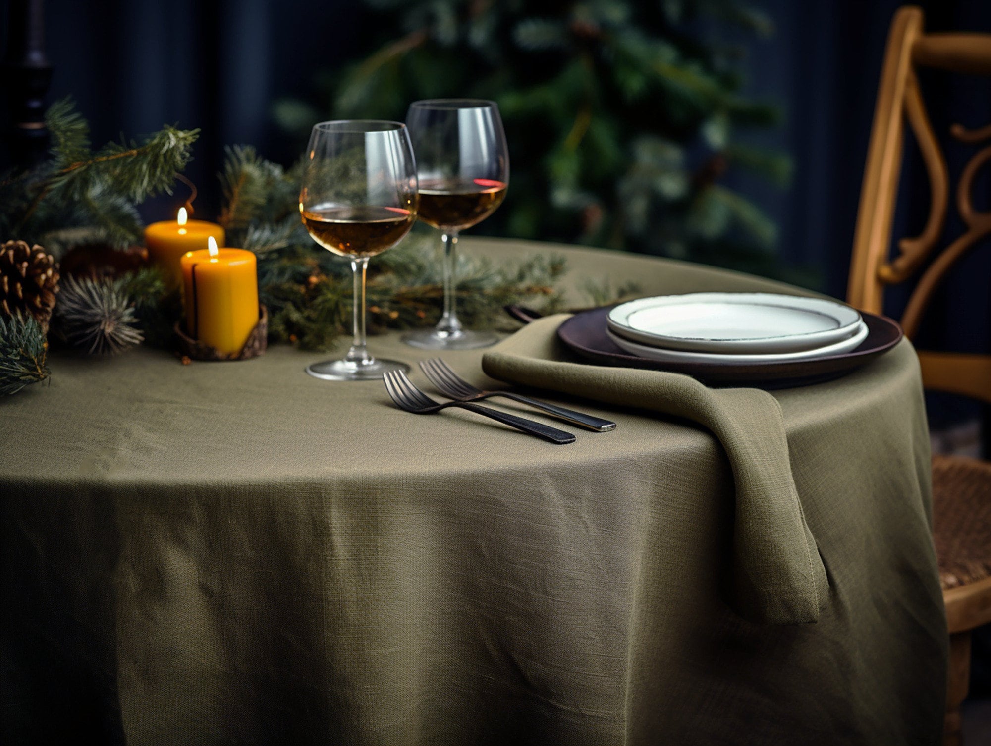 READY TO SHIP Dark olive round linen tablecloth Christmas theme rectangle square tablecloth Olive rustic linen table cloth