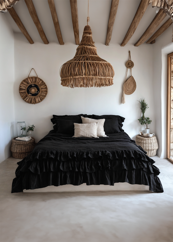 Black linen triple ruffled bedding set