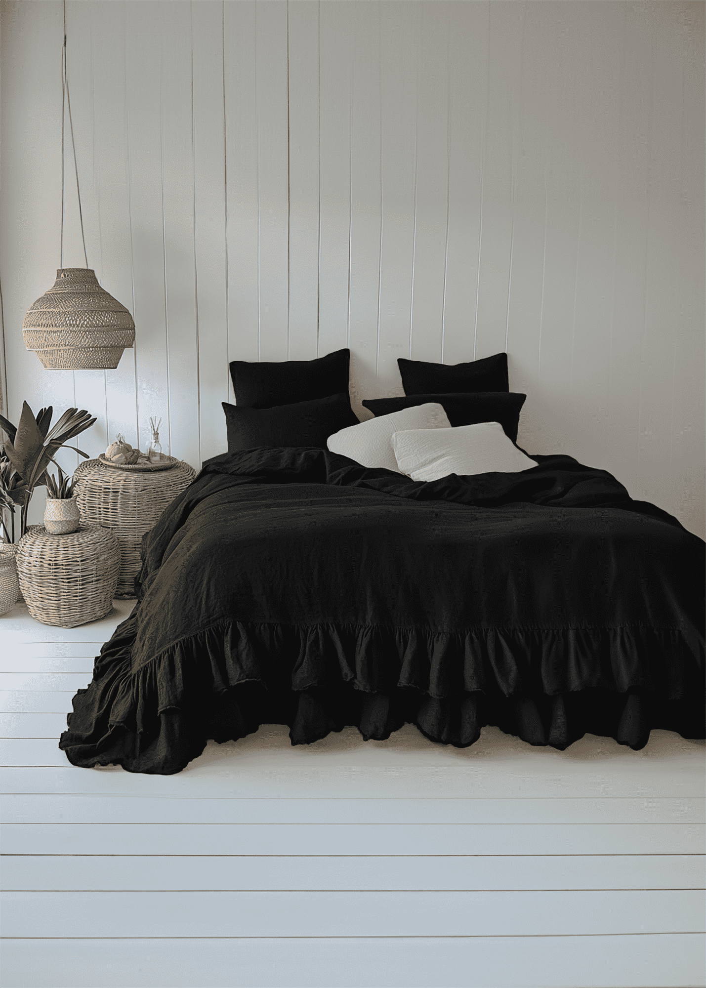 Housse de couette double à volants en lin noir 1 housse de couette