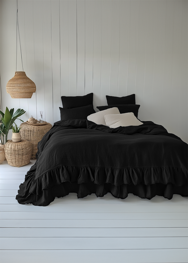 Black linen double ruffled duvet cover 1 duvet cover