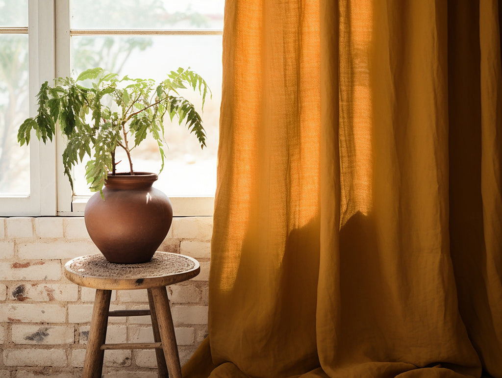 READY TO SHIP Ochre linen curtains 2 panels Cotton lining Medium weight linen Custom size