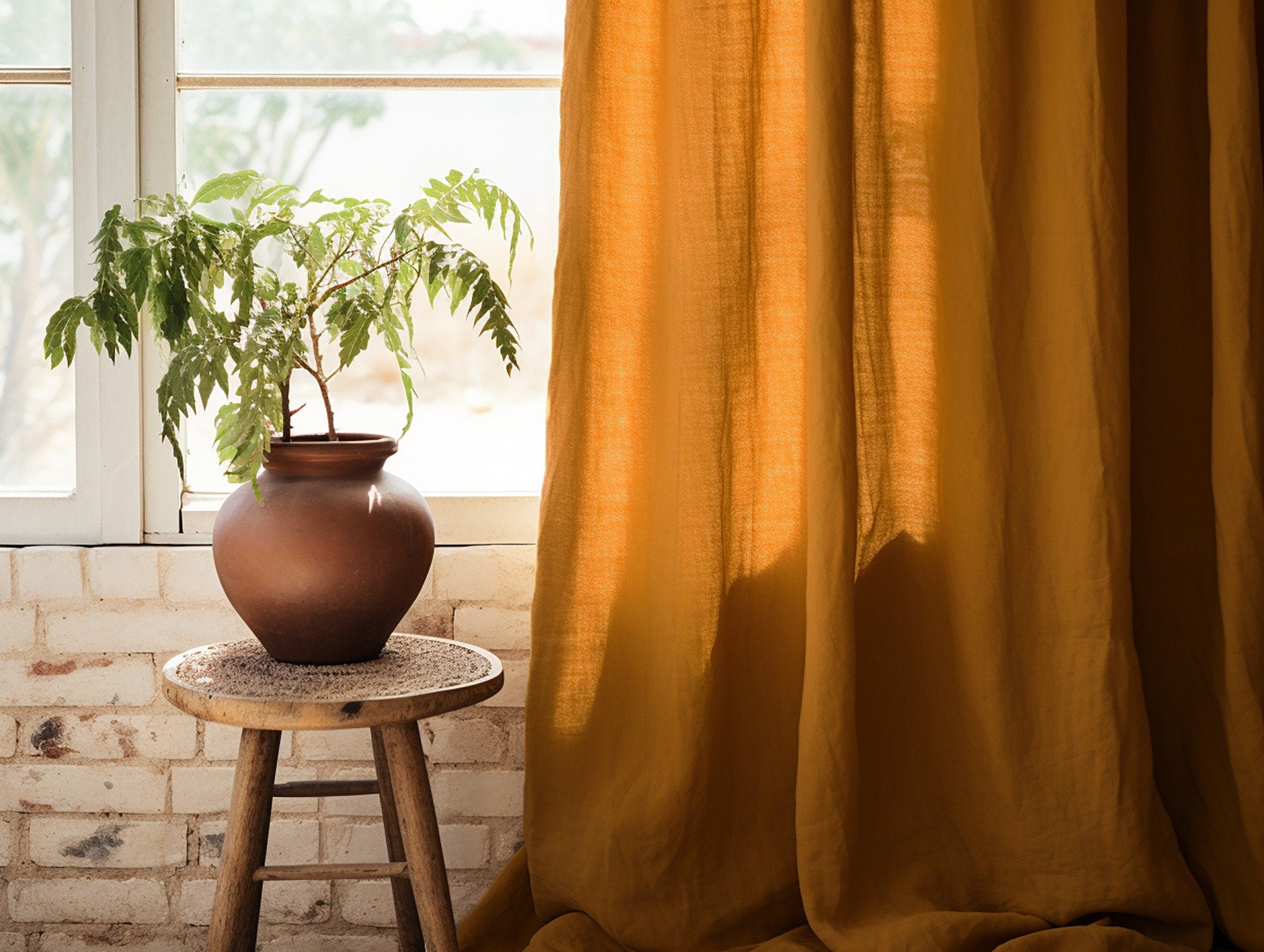 READY TO SHIP Ochre linen curtains 2 panels Cotton lining Medium weight linen Custom size