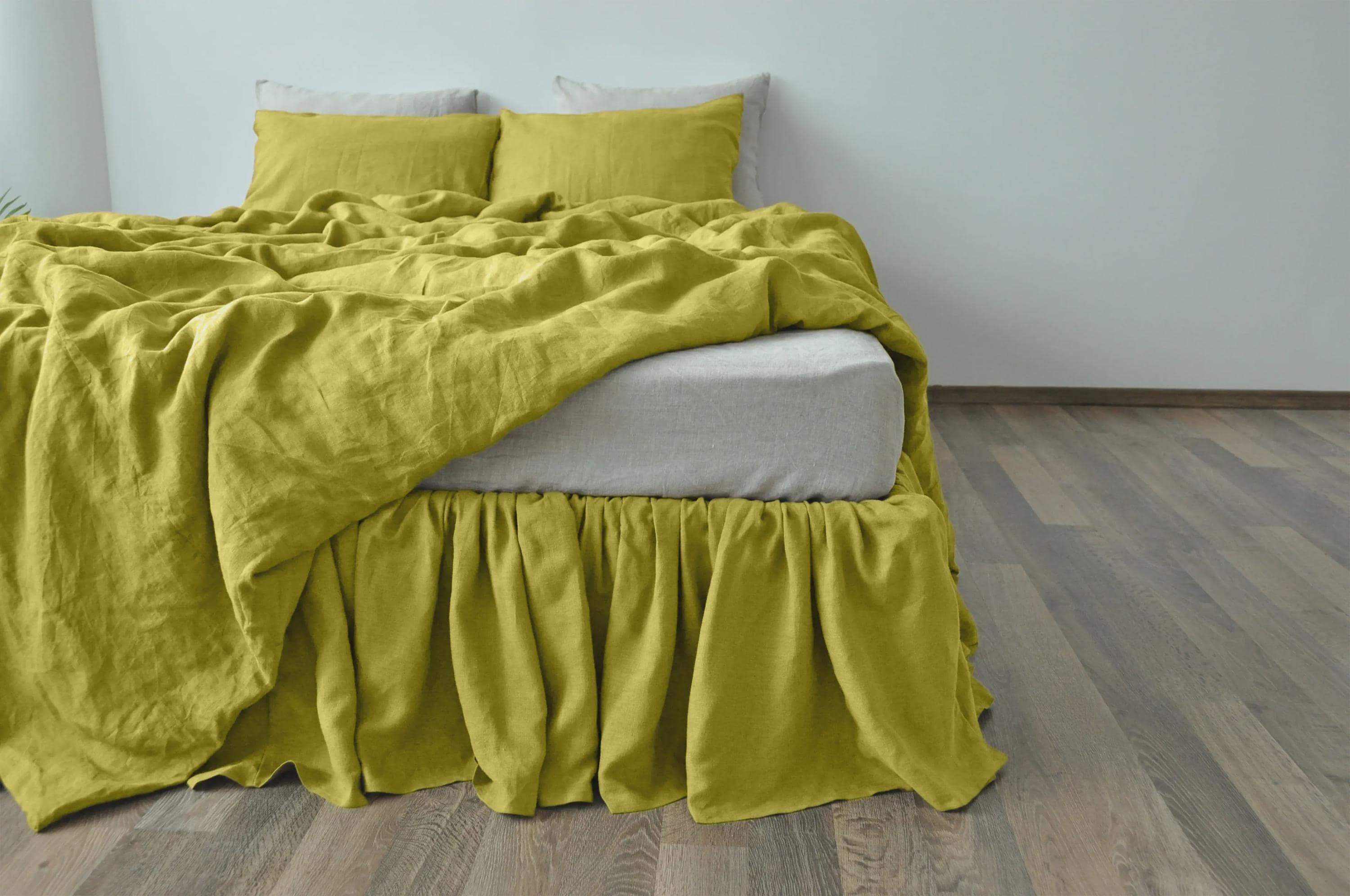 READY TO SHIP from Florida 1 Chartreuse yellow bed skirt Softened linen bed skirt Dust ruffle Stonewashed linen Wedding gift King