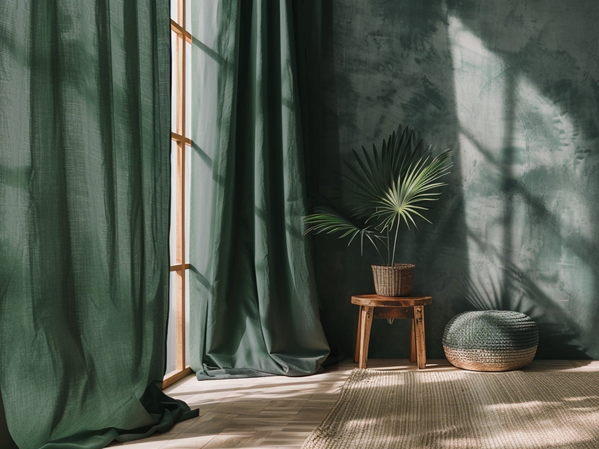 READY TO SHIP Pine green blackout linen curtains with rod pocket 2 panels Blackout lining Medium weight linen