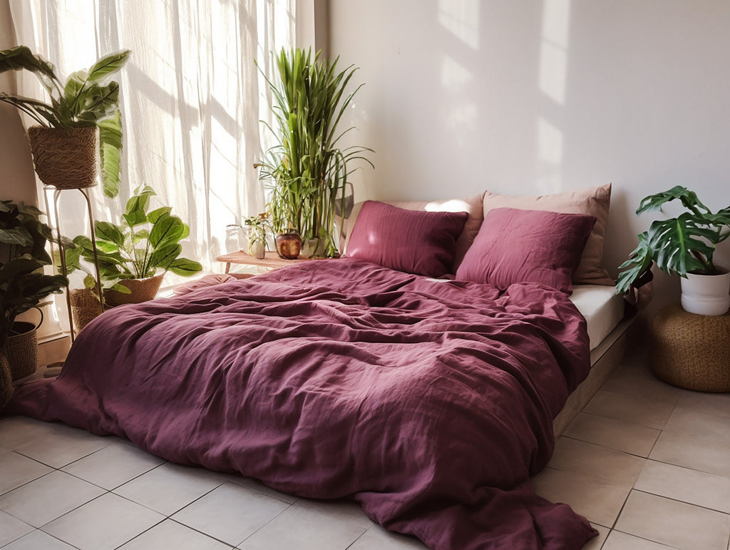 READY TO SHIP from Florida 1 Burgundy linen duvet cover 1 duvet cover Softened linen Purple comforter cover Ribbon ties Zipper