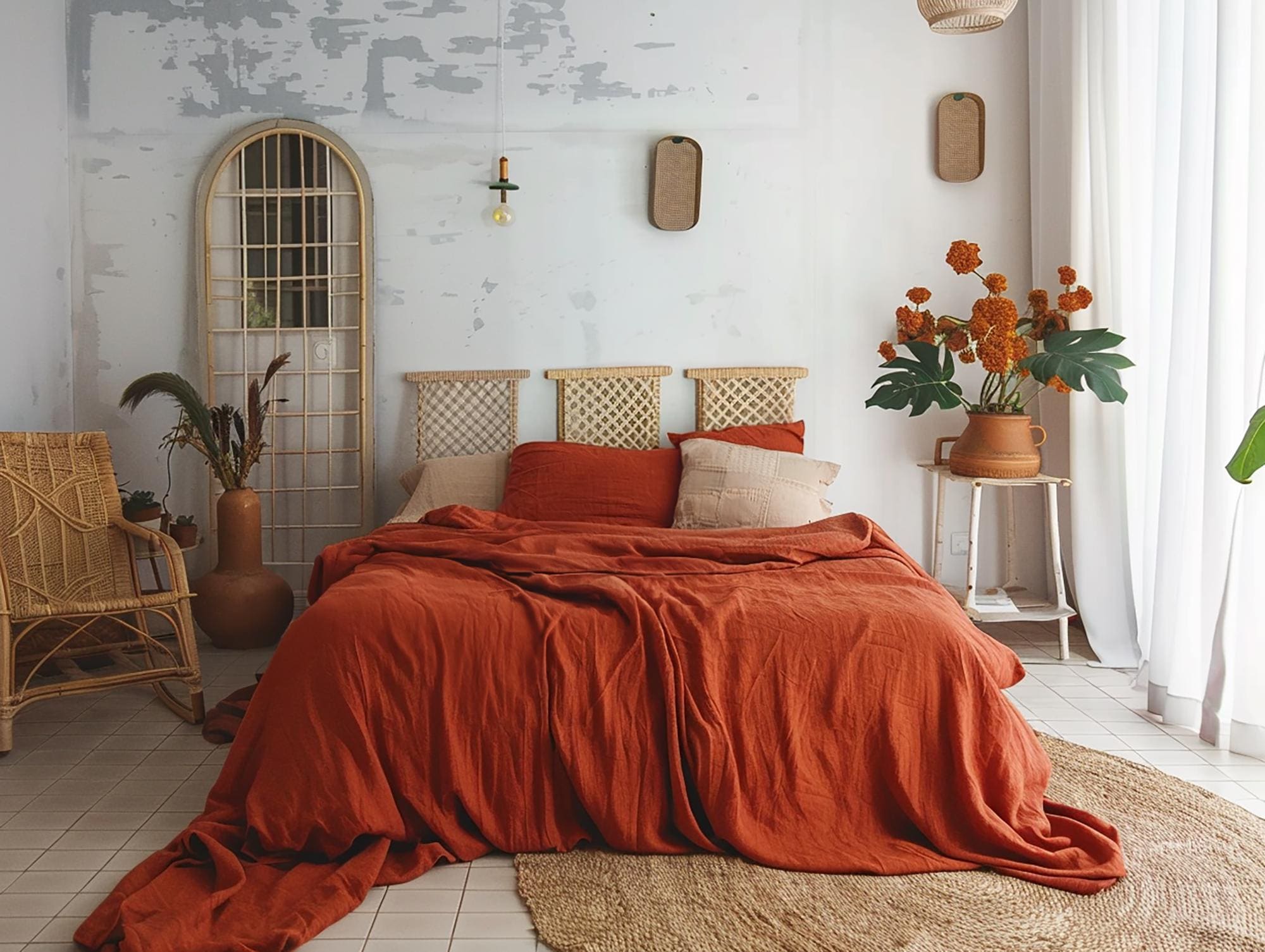 READY TO SHIP from Florida 1 Terracotta linen coverlet without filling Softened linen Medium weight Double Queen California King