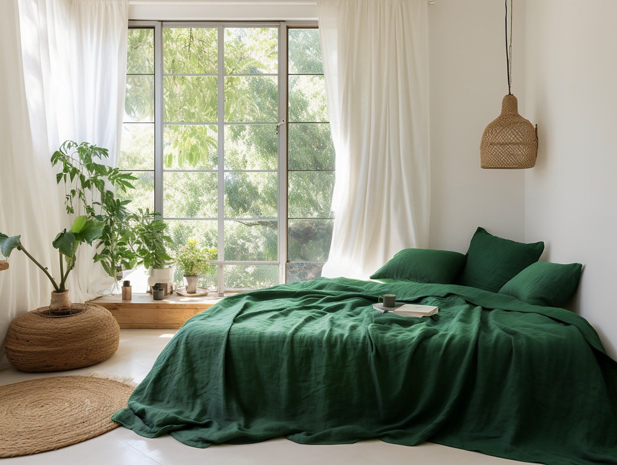 READY TO SHIP Forest green softened linen coverlet Medium weight Green bed cover Twin blanket Emerald green bed throw