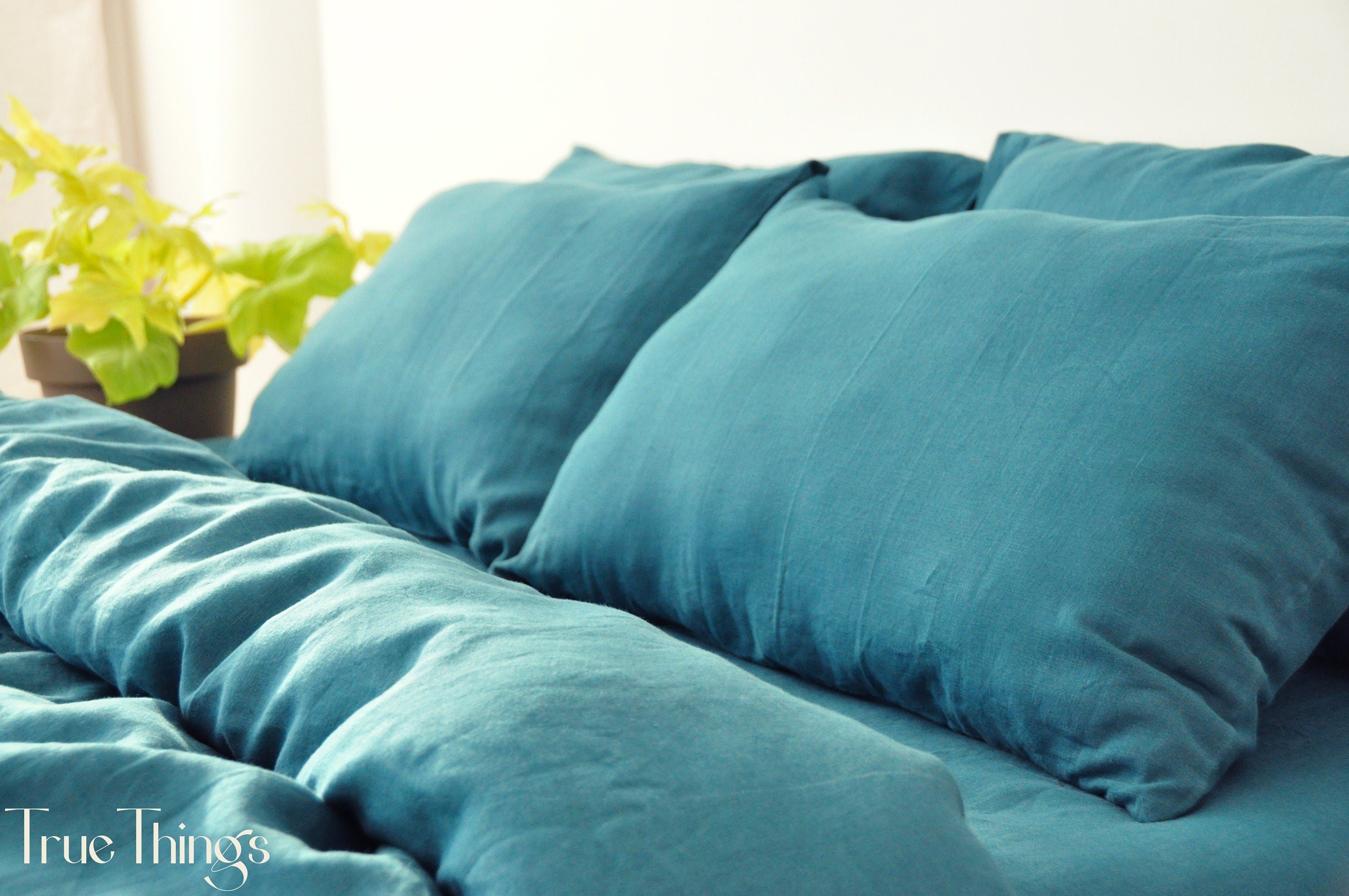 READY TO SHIP Teal linen duvet cover 1 duvet cover Softened linen Comforter cover Coconut buttons Ribbon ties   Hidden closure Stonewashed