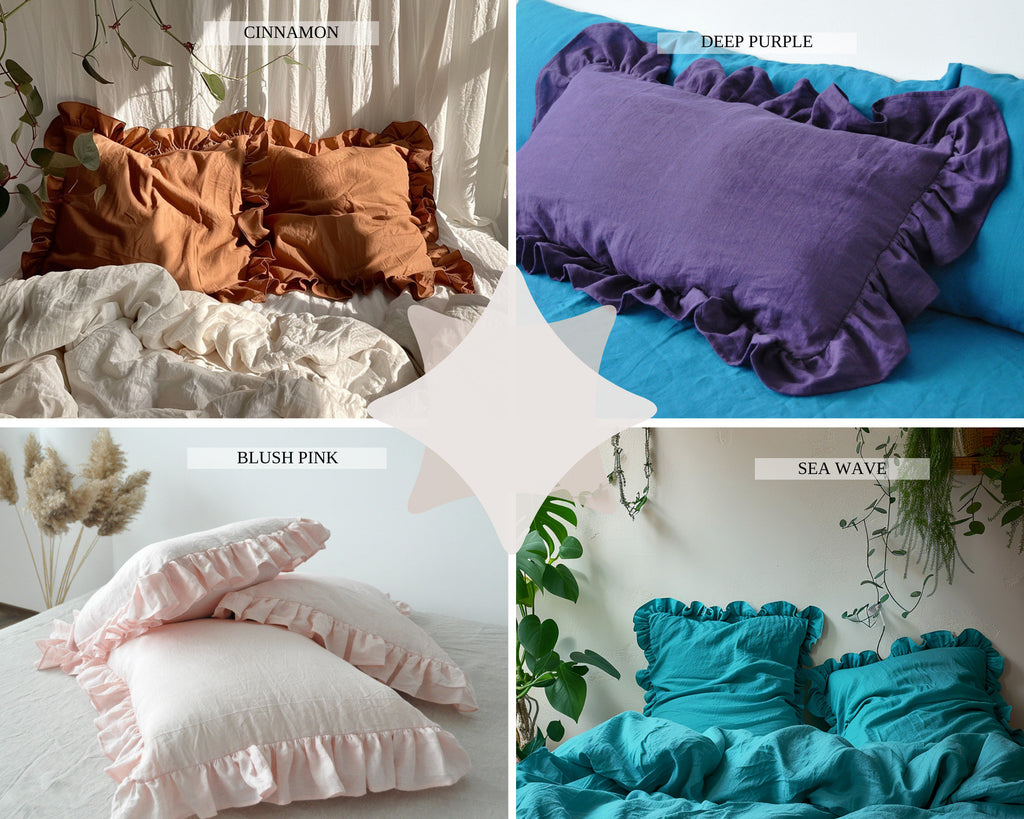 READY TO SHIP Chartreuse yellow and other colors ruffled linen pillow cover Linen pillowcase with ruffles Standard Queen King pillow case
