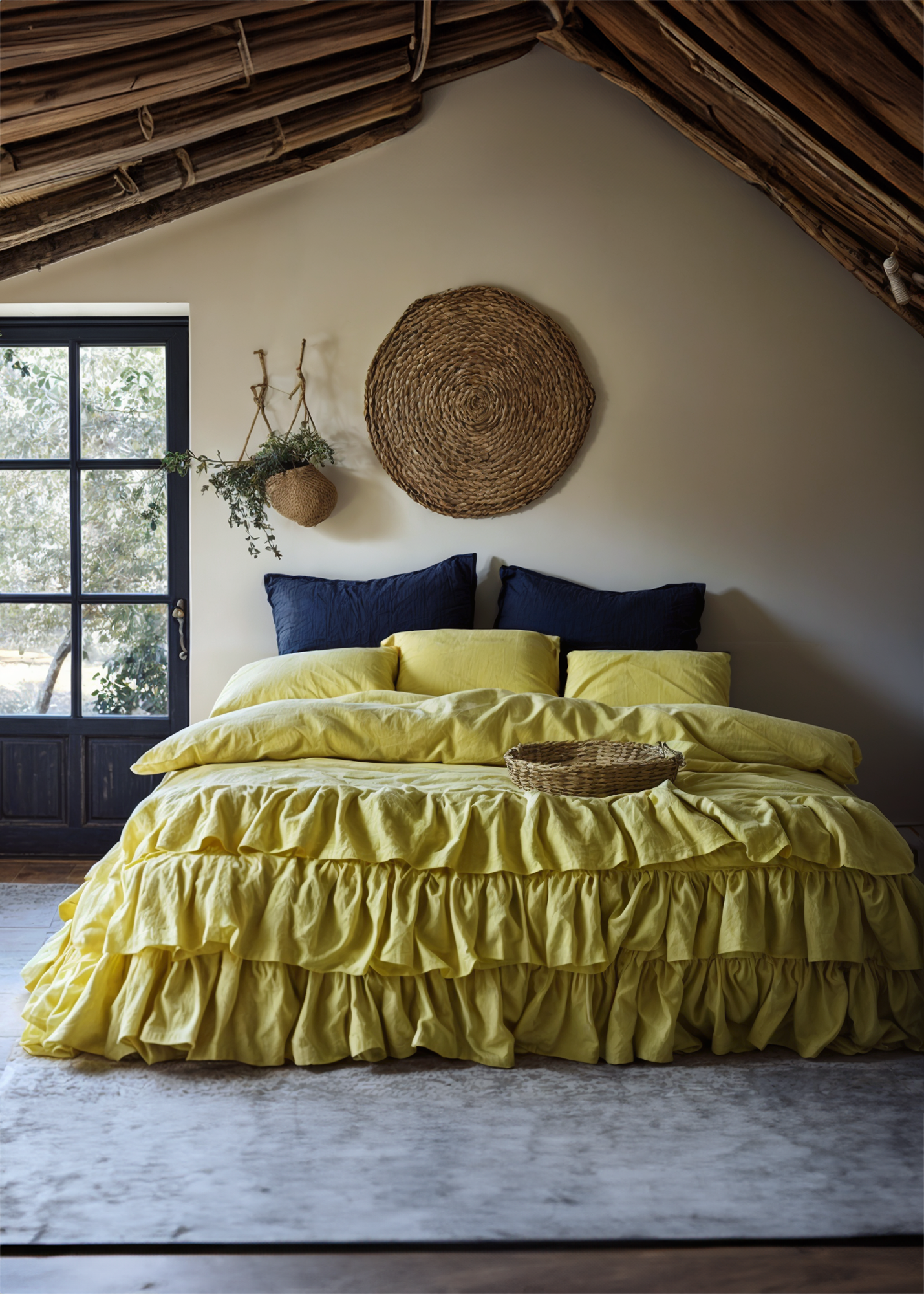 Housse de couette triple volant en lin jaune chartreuse