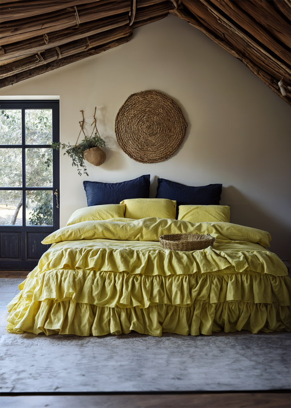 Chartreuse yellow linen triple ruffled bedding set