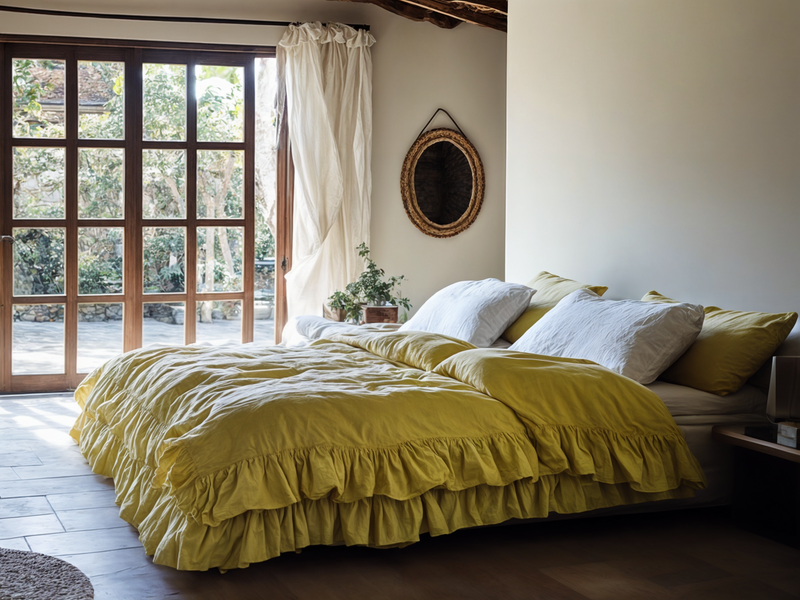 Chartreuse yellow linen triple ruffled duvet cover