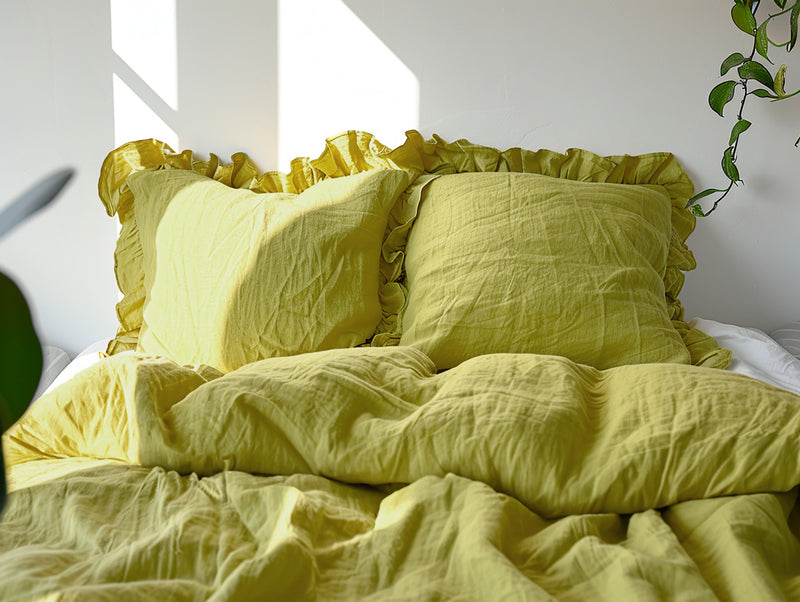 Chartreuse yellow linen triple ruffled duvet cover