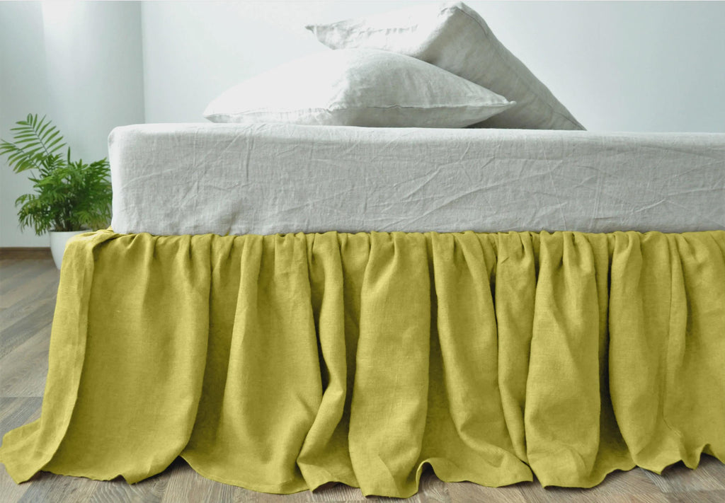 READY TO SHIP from Florida 1 Chartreuse yellow bed skirt Softened linen bed skirt Dust ruffle Stonewashed linen Wedding gift King