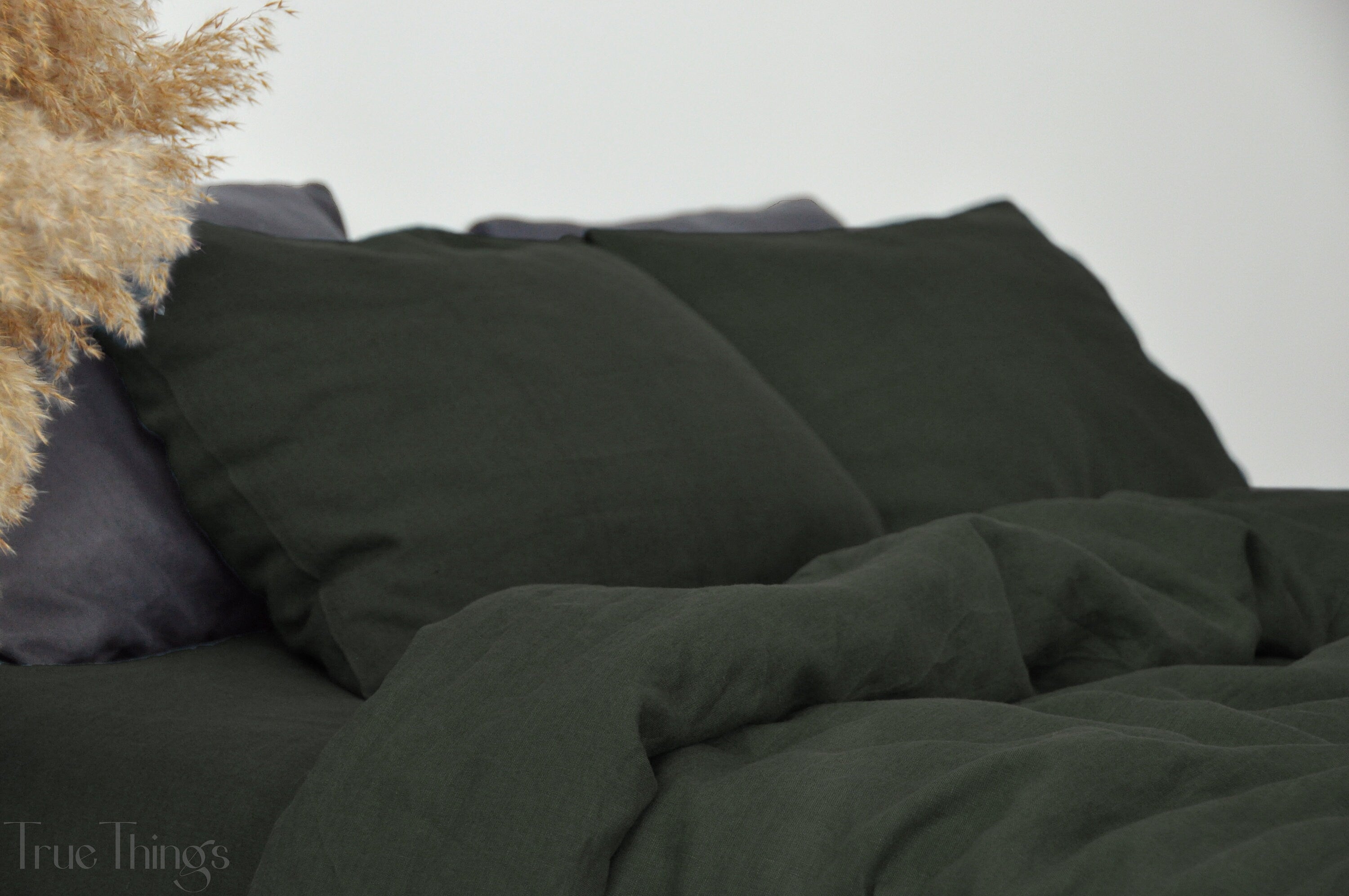 READY TO SHIP Charcoal green linen duvet cover 1 duvet cover Softened linen Comforter cover Coconut buttons Ribbon ties   Hidden closure