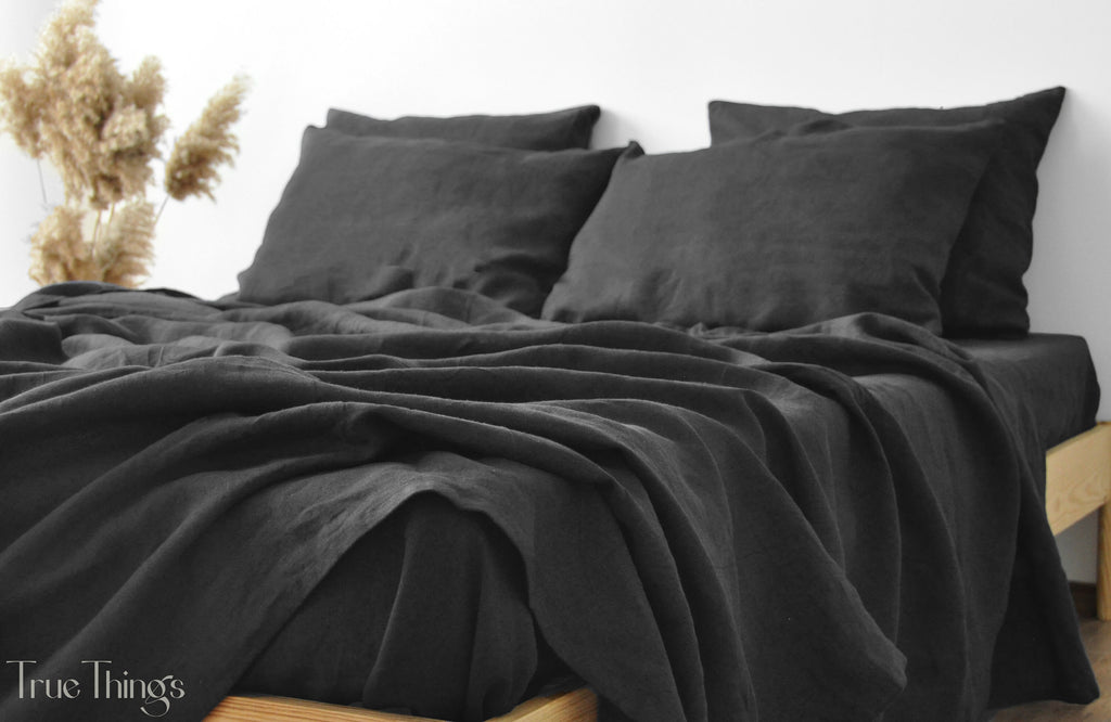 READY TO SHIP 1 Charcoal linen fitted sheet and 2 pillowcases Fitted sheet Softened linen sheet Stonewashed linen