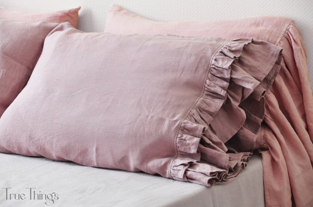 READY TO SHIP Woodrose linen pillowcase with double ruffles on one side Square size Ribbon ties closure