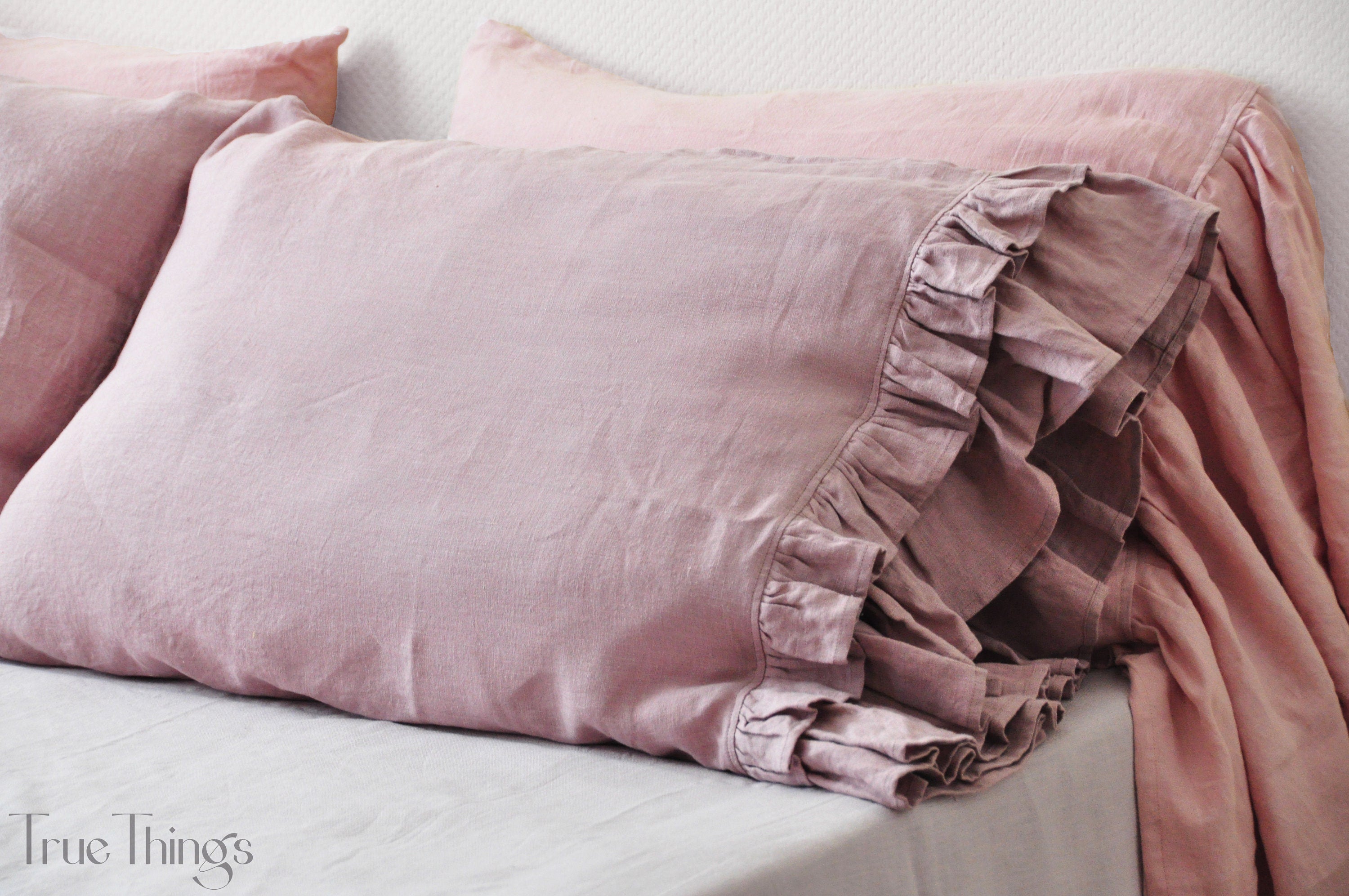 READY TO SHIP Woodrose linen pillowcase with double ruffles on one side Square size Ribbon ties closure