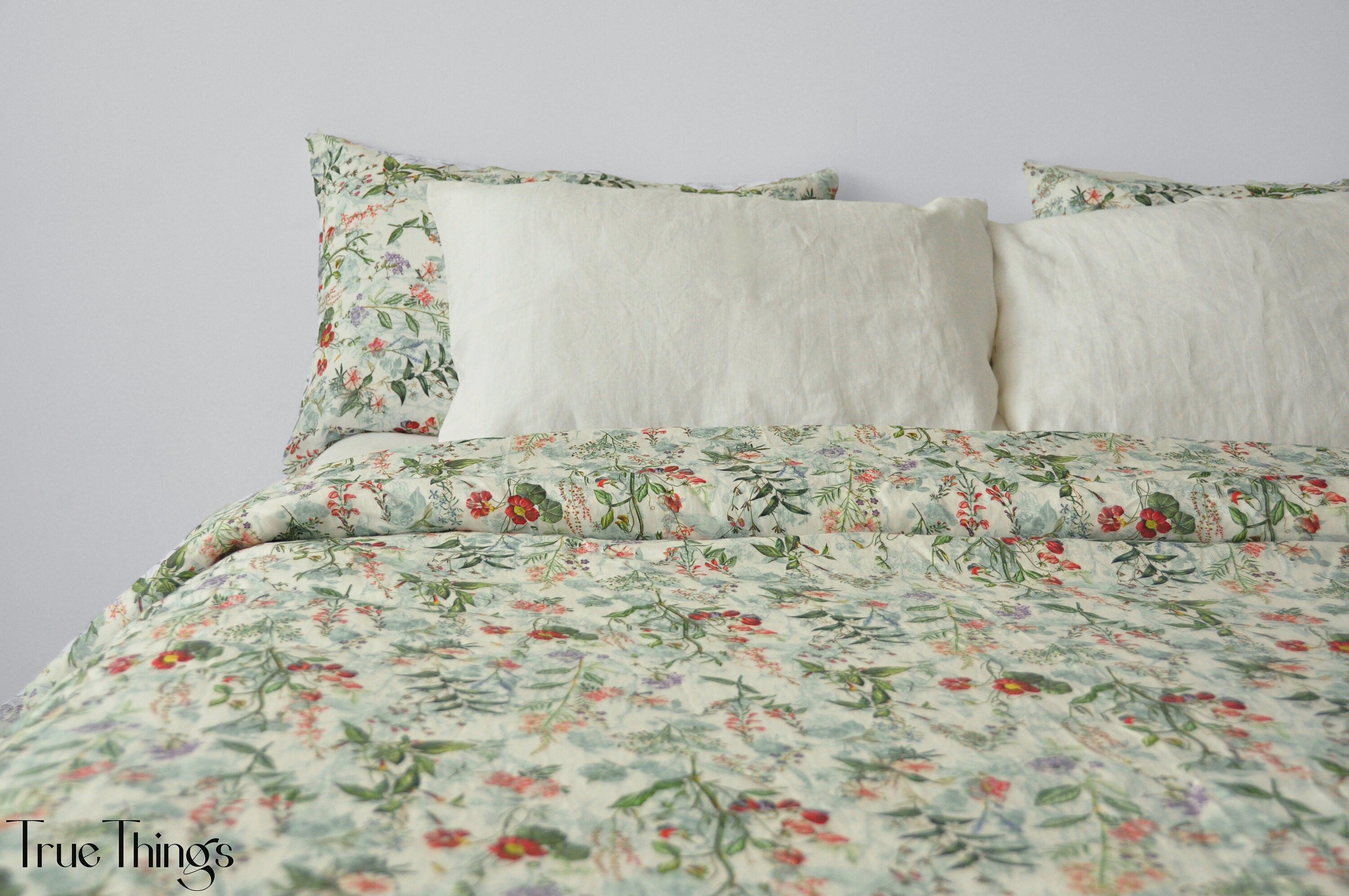READY TO SHIP / Floral linen bedding set / Queen duvet cover + 2 Queen pillowcases with floral print / Comforter cover set / Softened linen