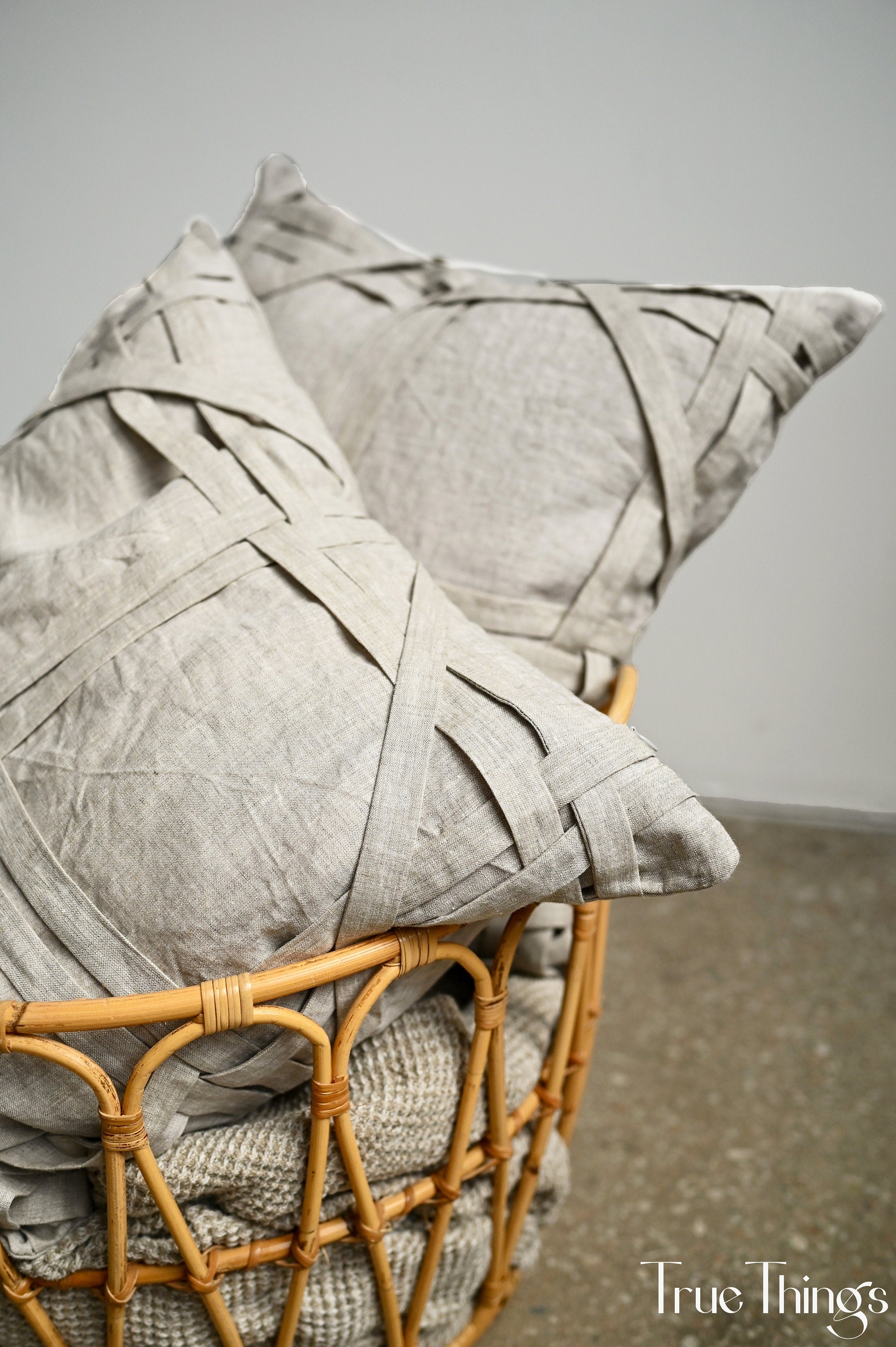 READY TO SHIP 1 undyed linen pillowcase Undyed linen pillow cover with fabric stripes Decorative Zipper closure